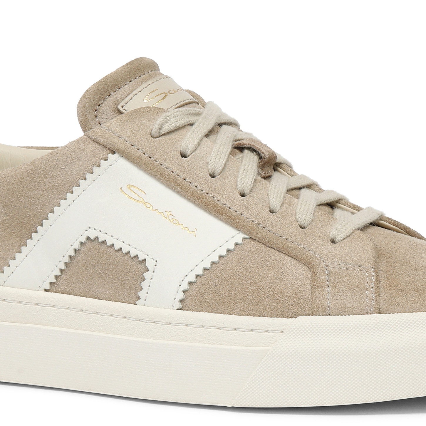 Women’s beige and white suede and leather double buckle sneaker - 6