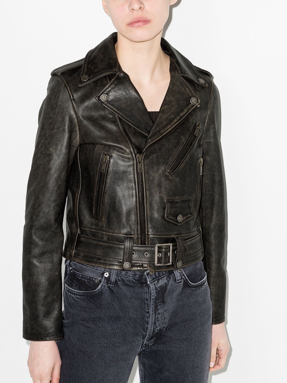 distressed-effect leather biker jacket - 2