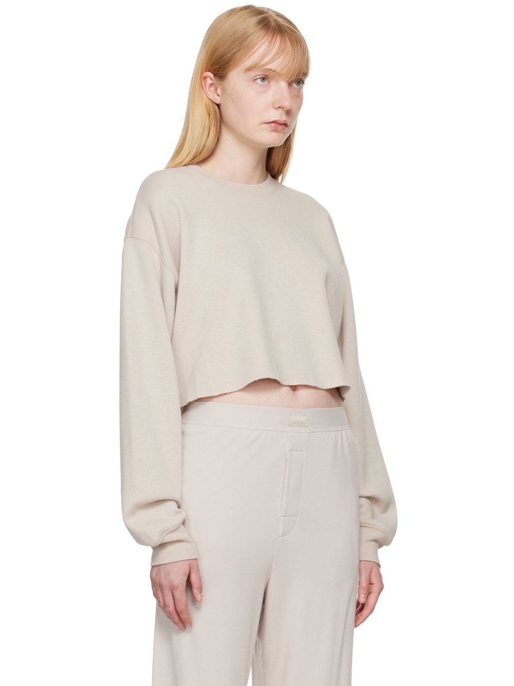 Taupe Cotton Fleece Cropped Sweatshirt - 2