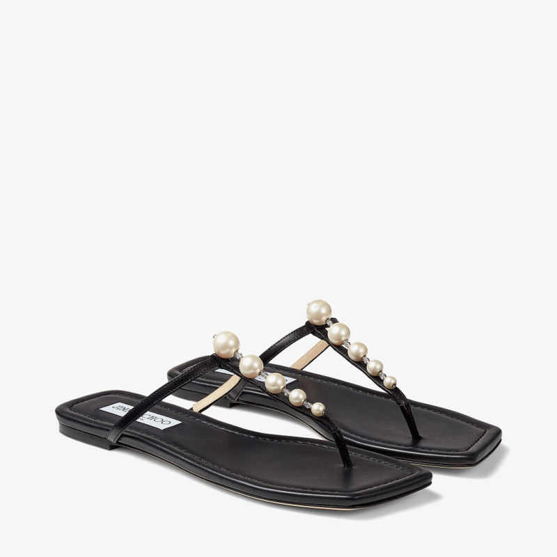 Alaina Flat Black Nappa Leather Flats with Pearl Embellishment 3