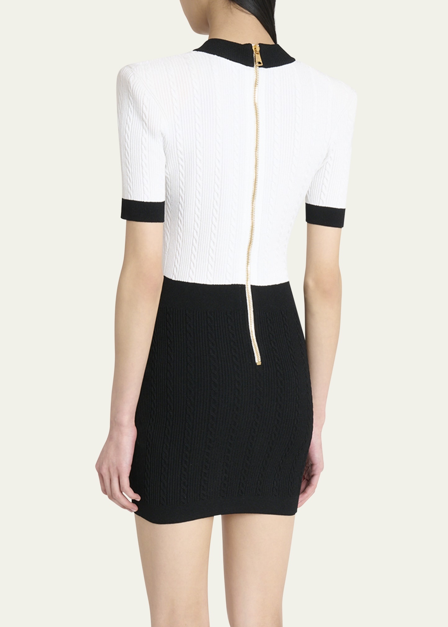 V-Neck Buttoned Strong-Shoulder Torsade Knit Mini Dress - 3