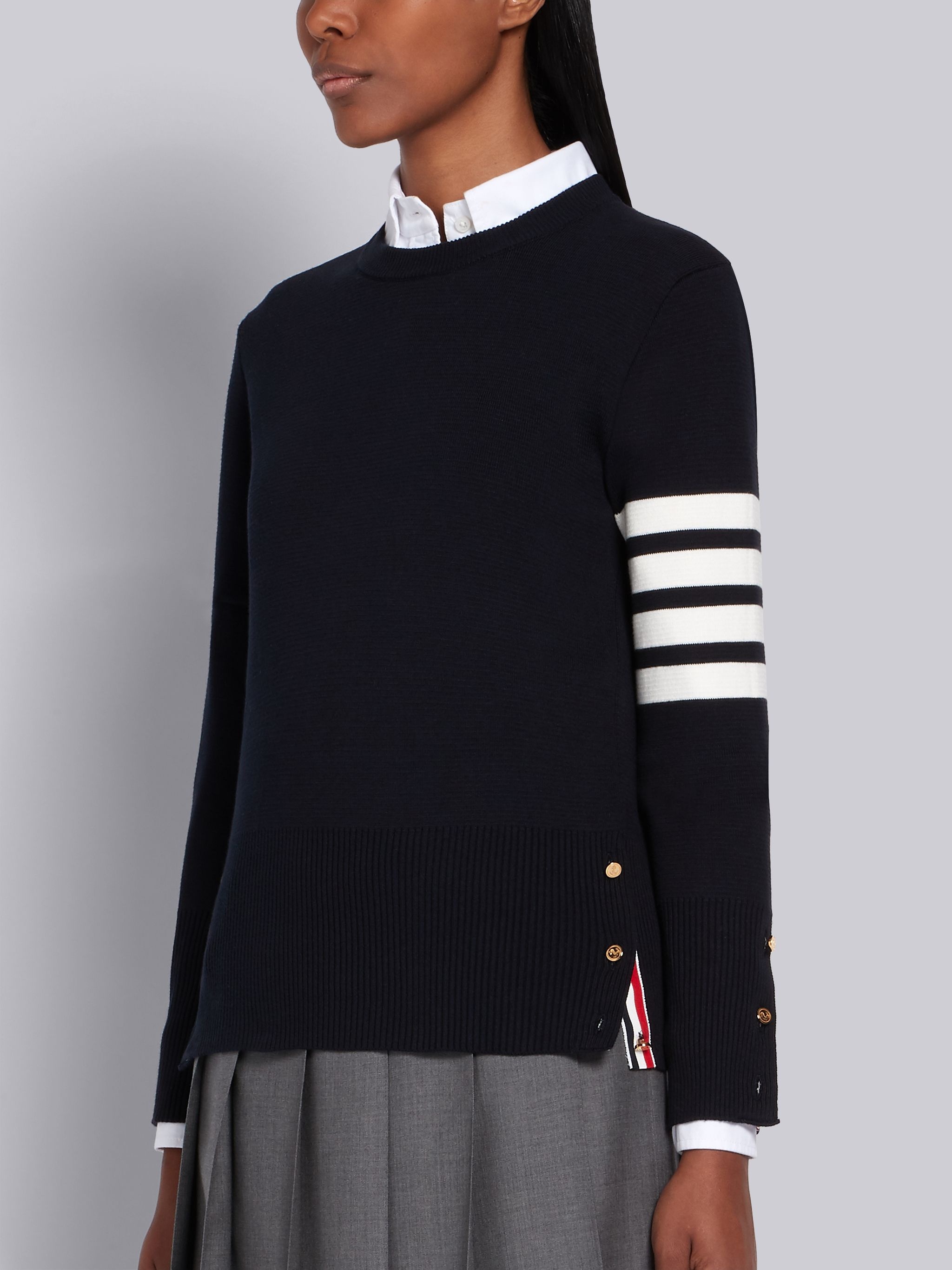 Navy Cotton Crepe Milano Stitch Crewneck 4-Bar Pullover - 2