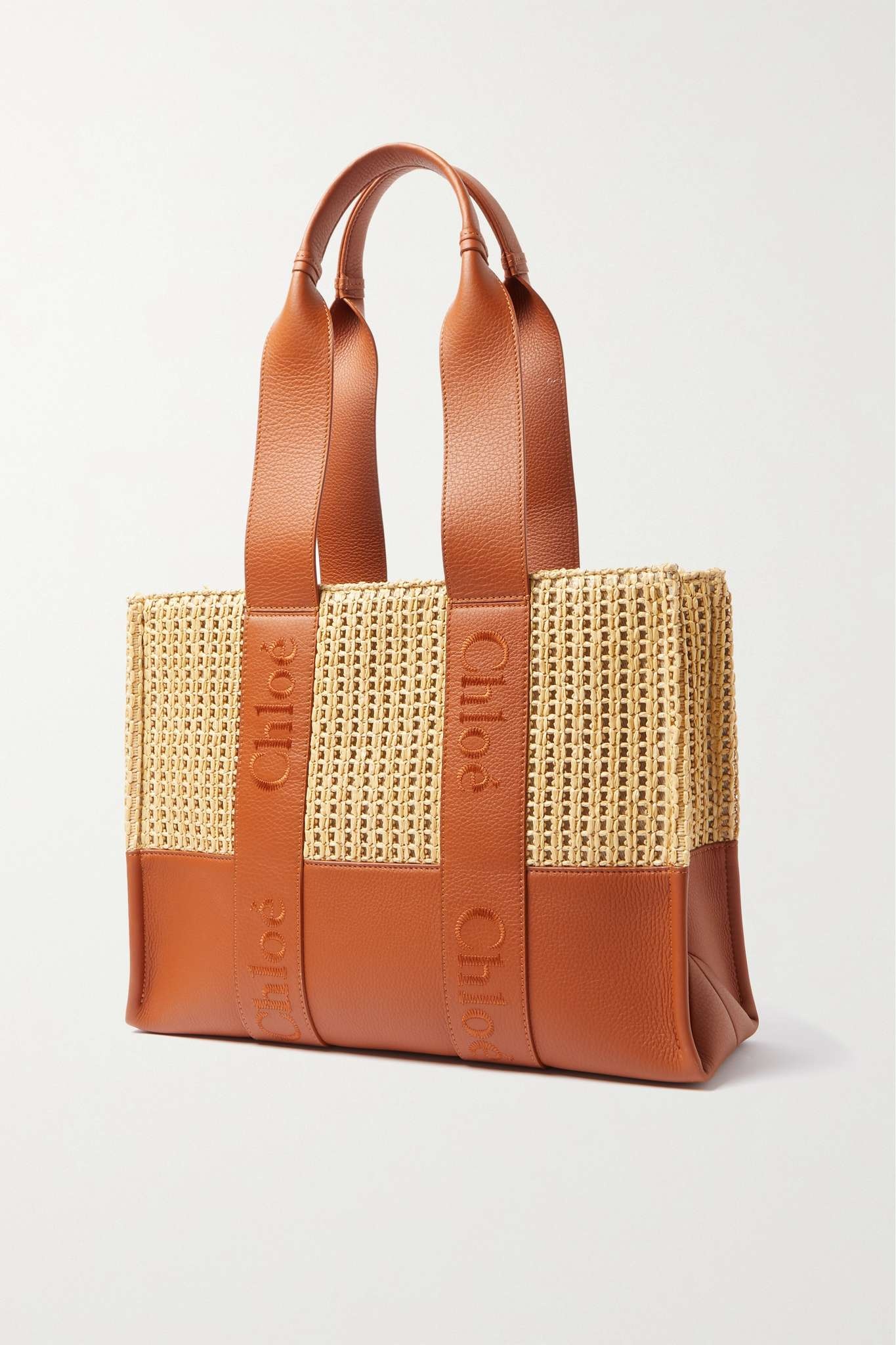 Woody medium raffia and embroidered textured-leather tote - 3