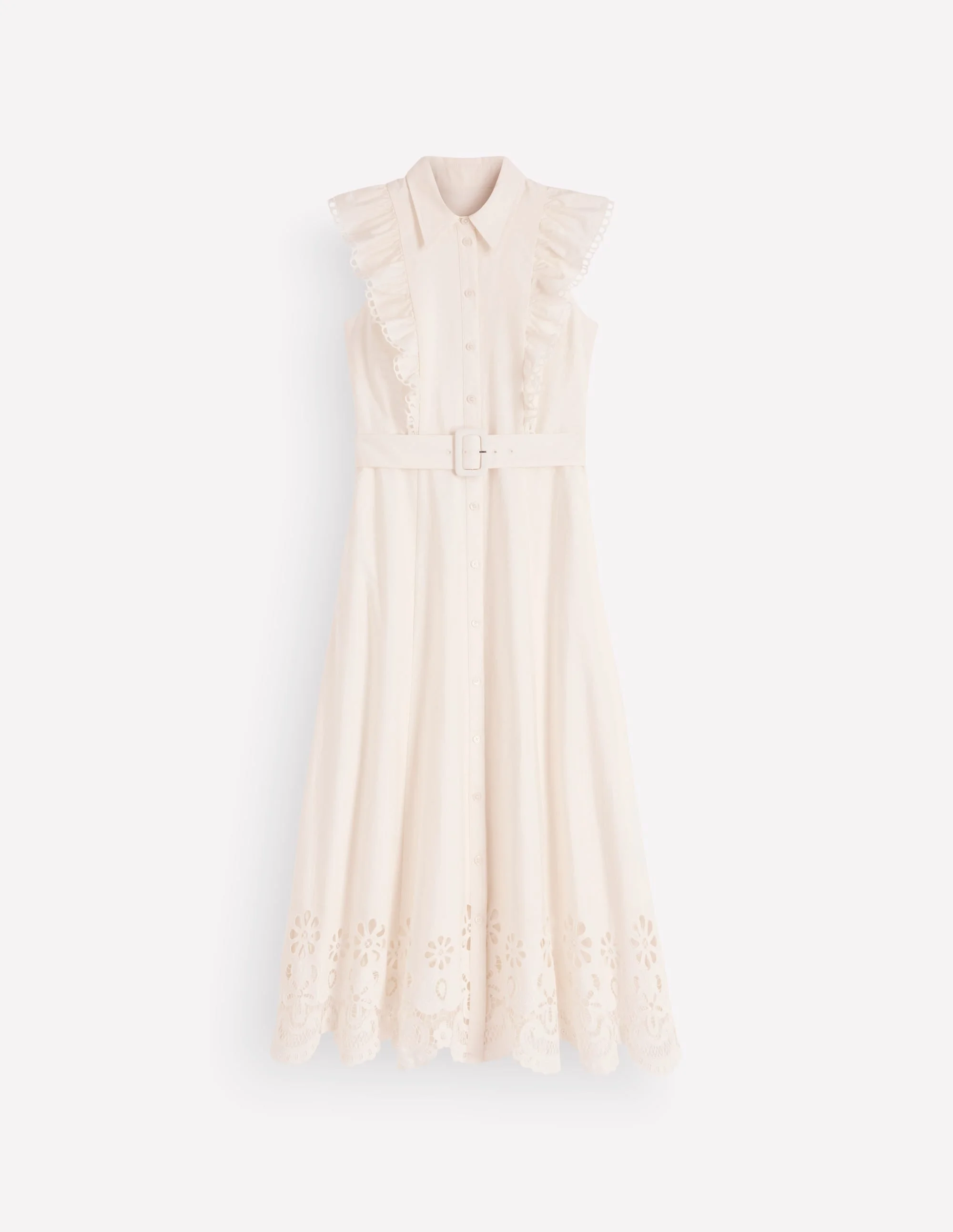 Ruffle Bodice Shirt Dress-White Broderie Trim - 1
