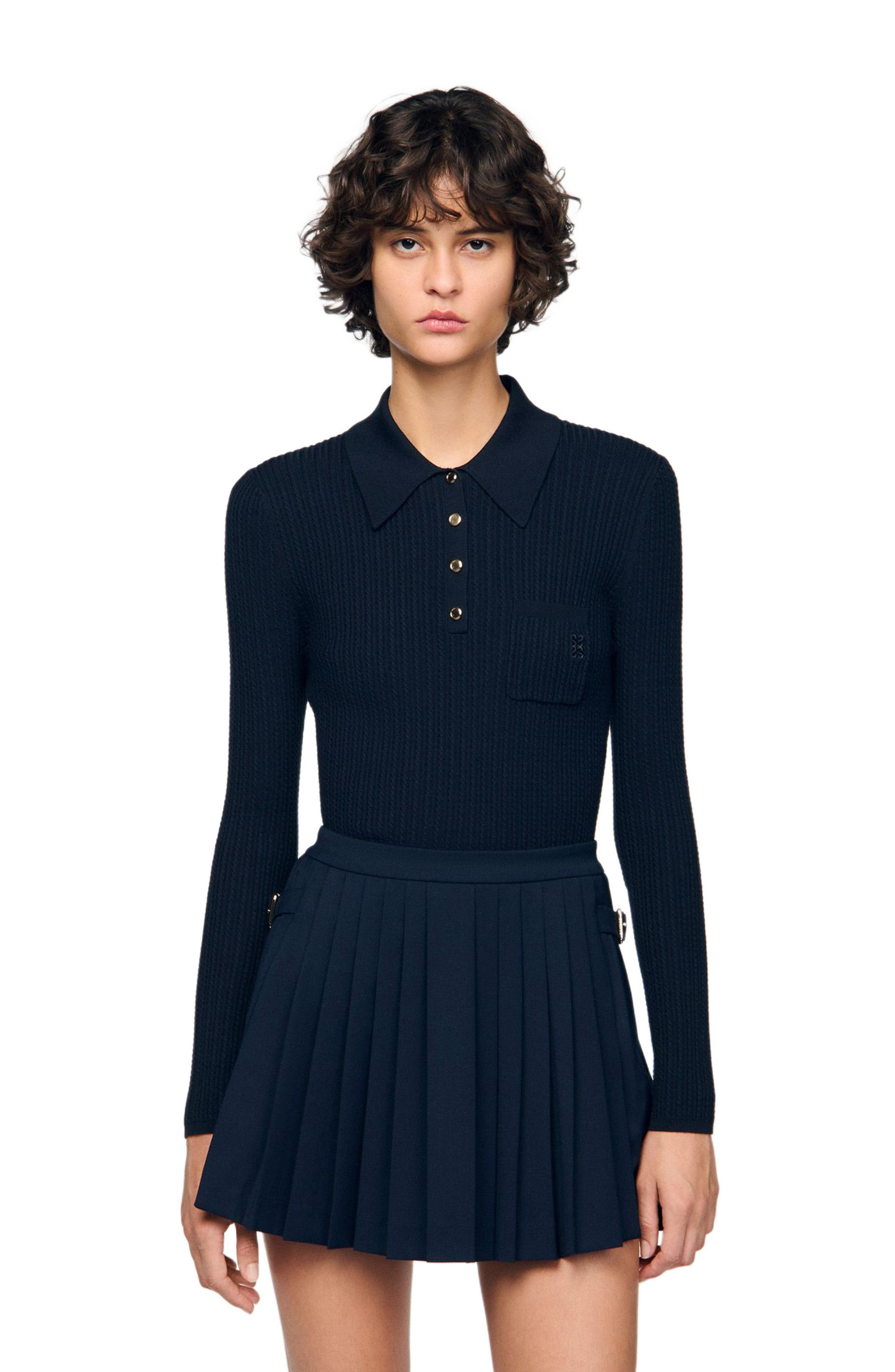 SANDRO Cable knit polo sweater in Navy Blue at Nordstrom - 4