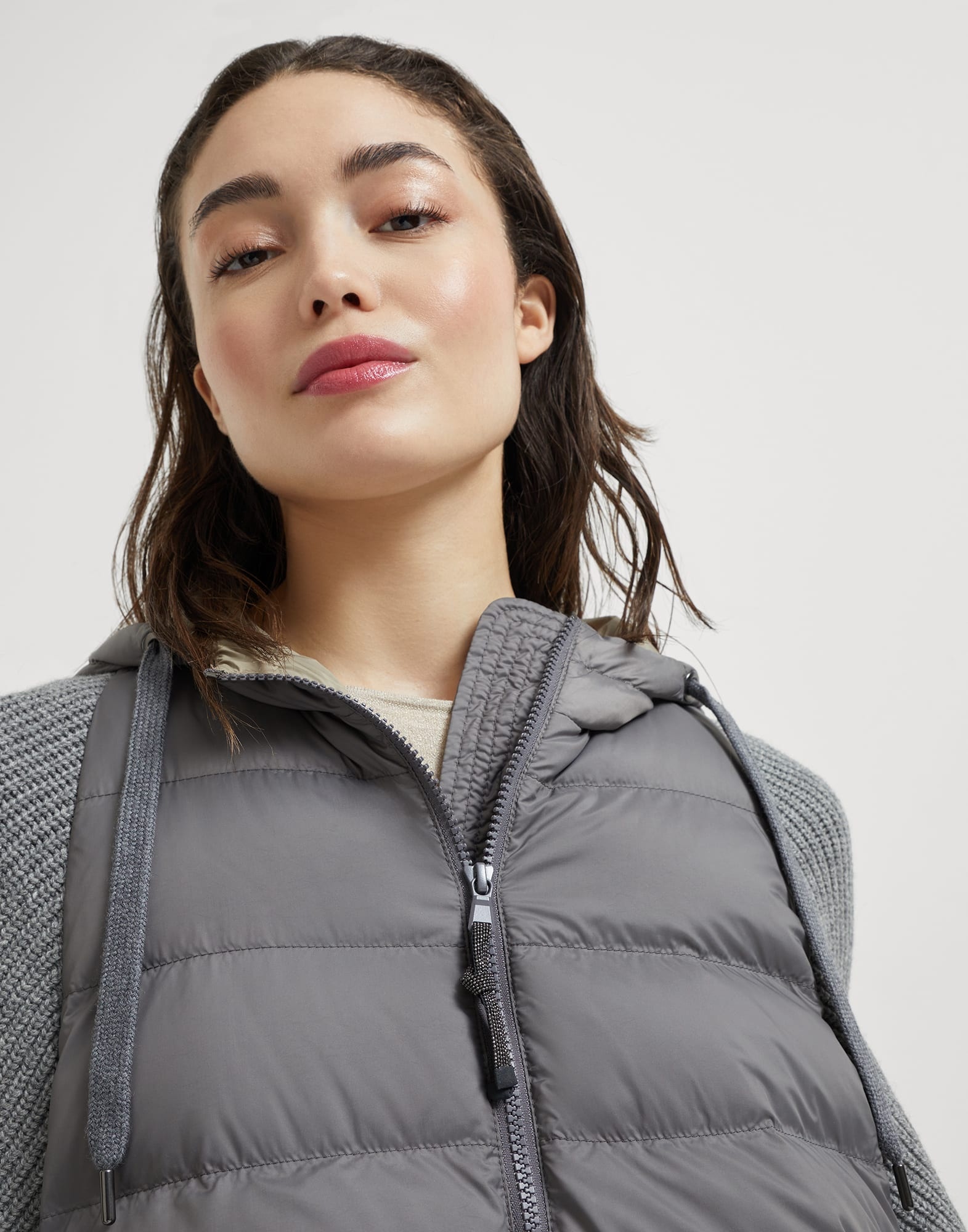 Water-resistant matte nylon hooded down jacket with monili and sleeves in virgin wool, cashmere and  - 3
