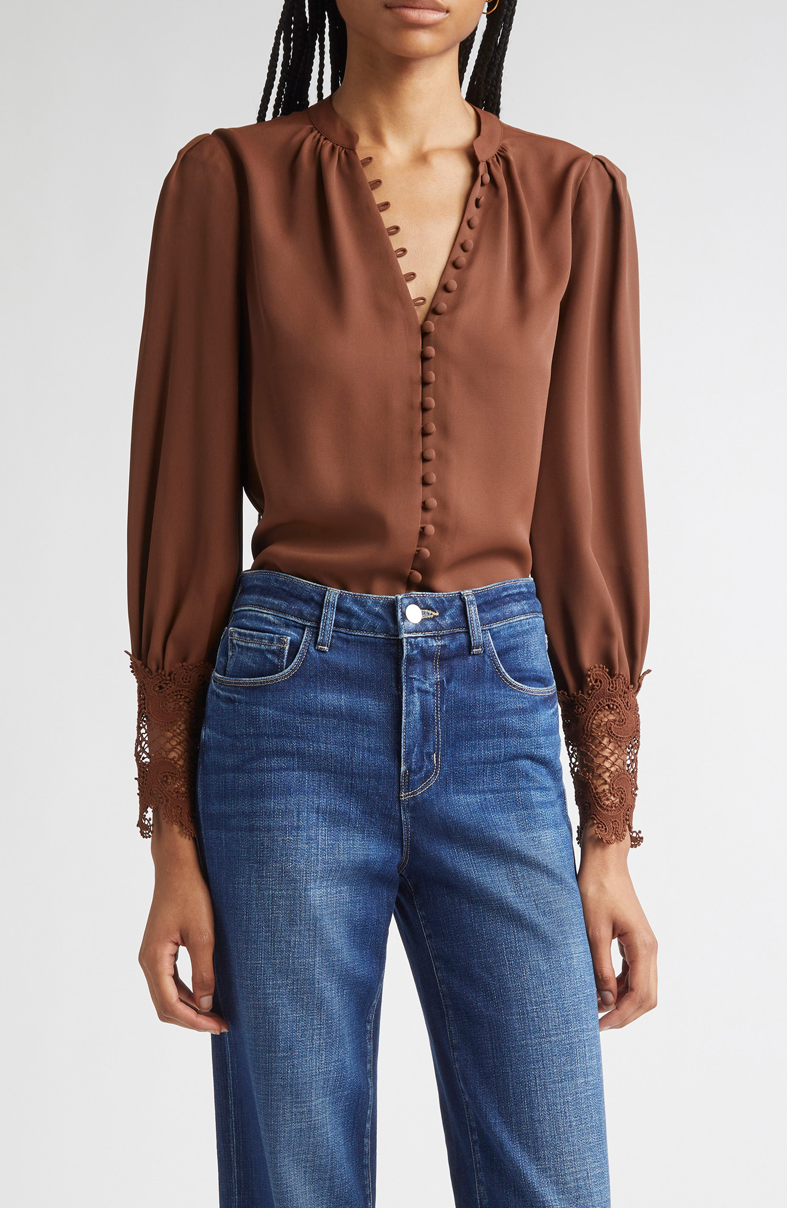 L'AGENCE Ava Lace Cuff Button-Up Blouse in Hot Fudge at Nordstrom - 1