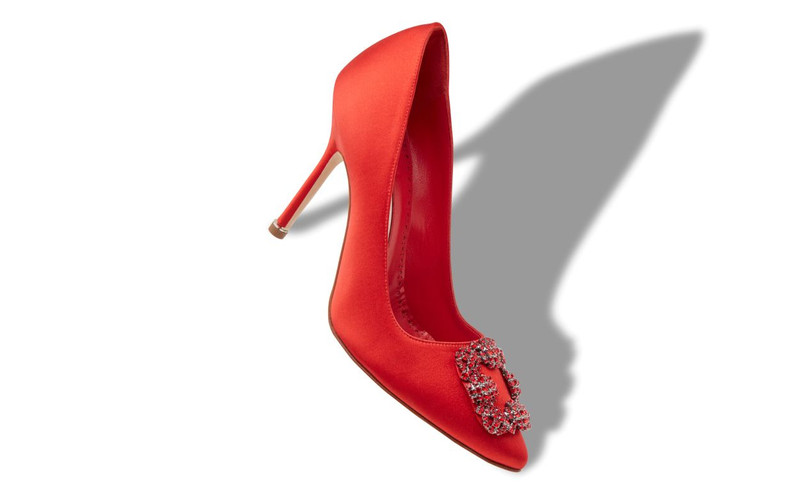 Manolo Blahnik Red Satin Jewel Buckle Pumps outlook
