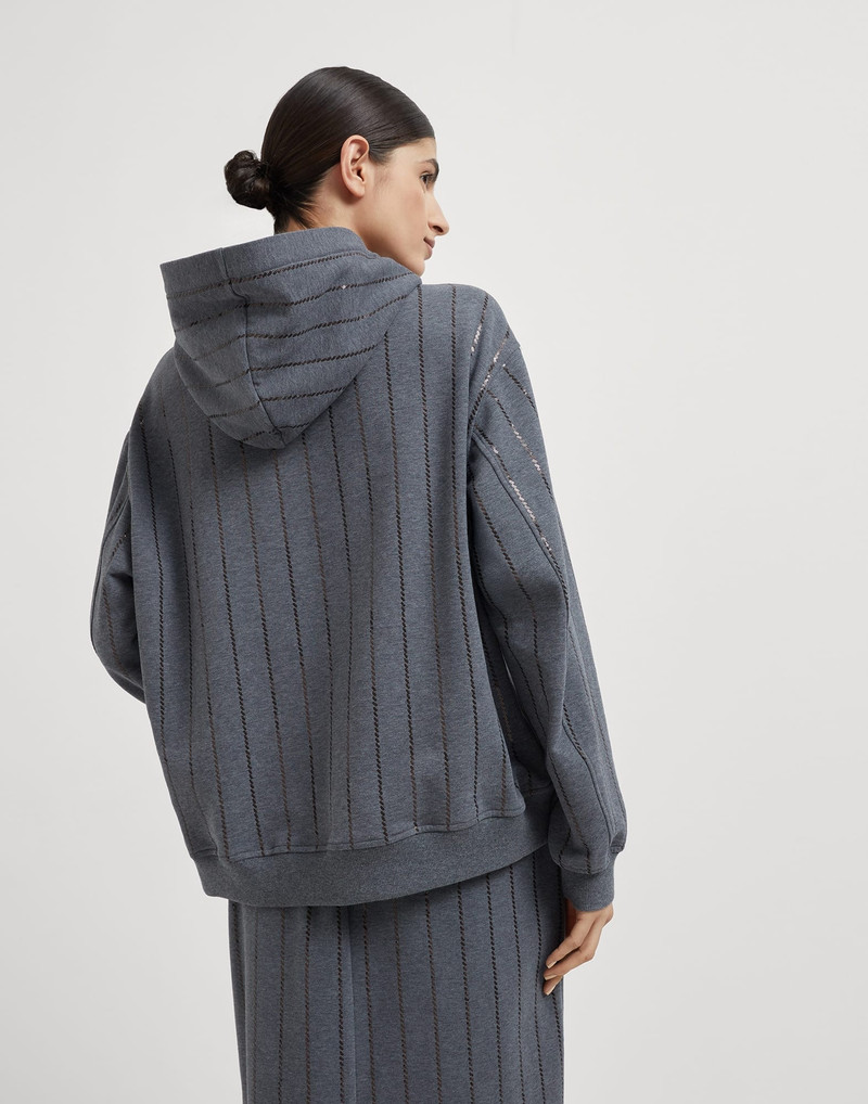 Brunello Cucinelli Cotton smooth French terry hooded sweatshirt with dazzling chalk stripe embroidery outlook