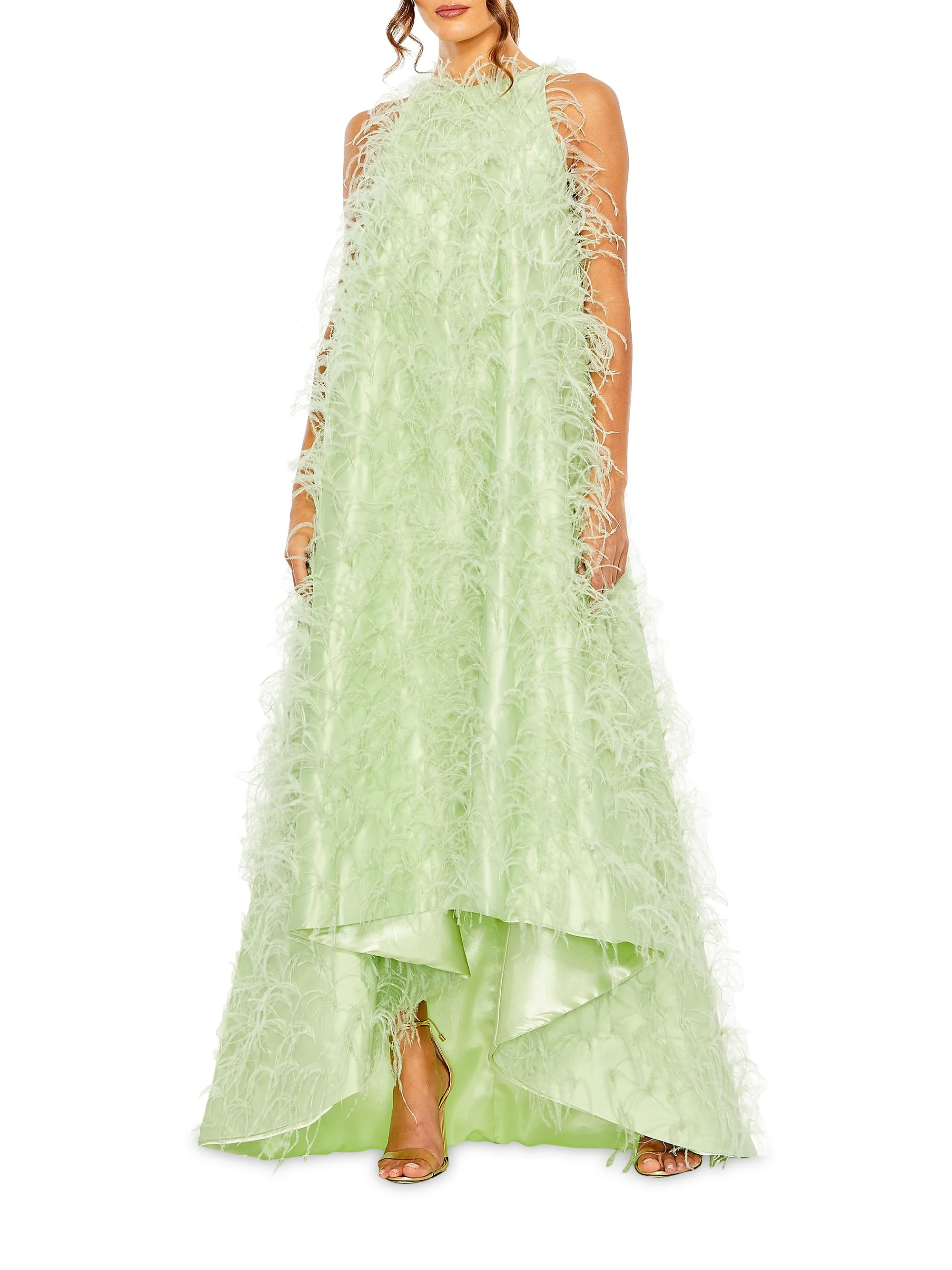 Women's Feather-Embellished Satin High-Low Evening Gown - Mint - 1