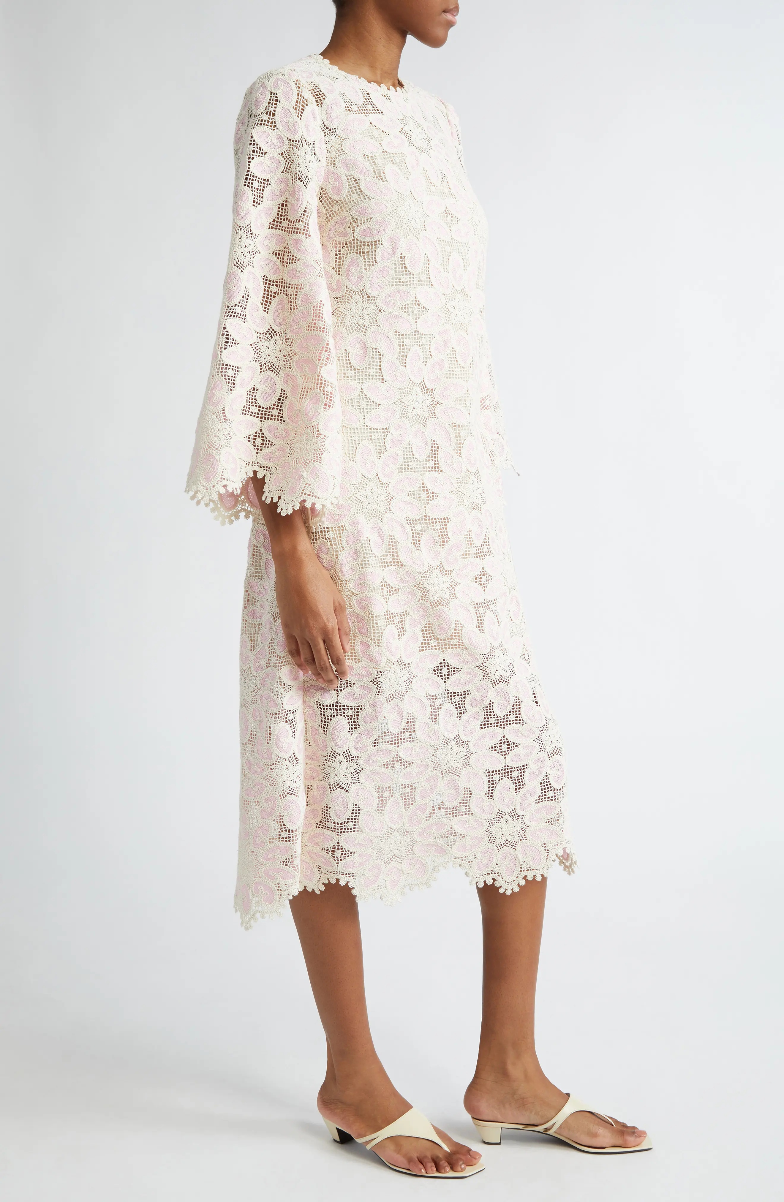 Ottie Long Sleeve Guipure Lace Cotton Blend Midi Dress in Cream/Pink - 3