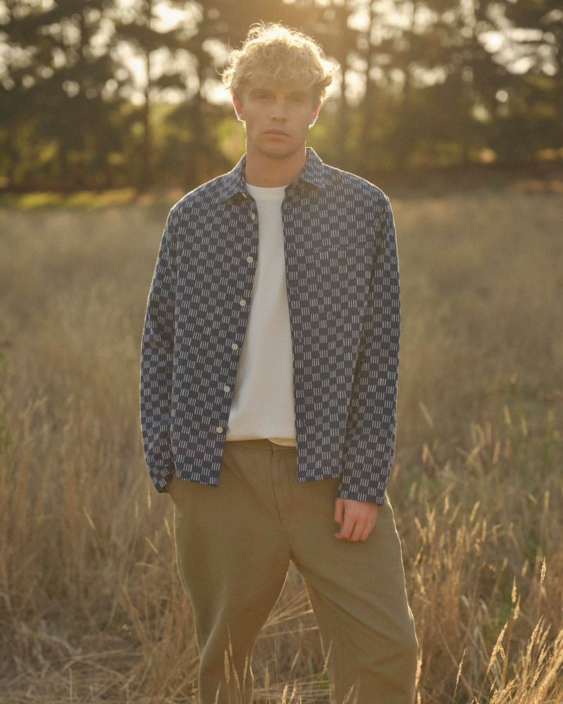 Breton - Indigo And Ecru Geometric Grid Stitch Overshirt 3