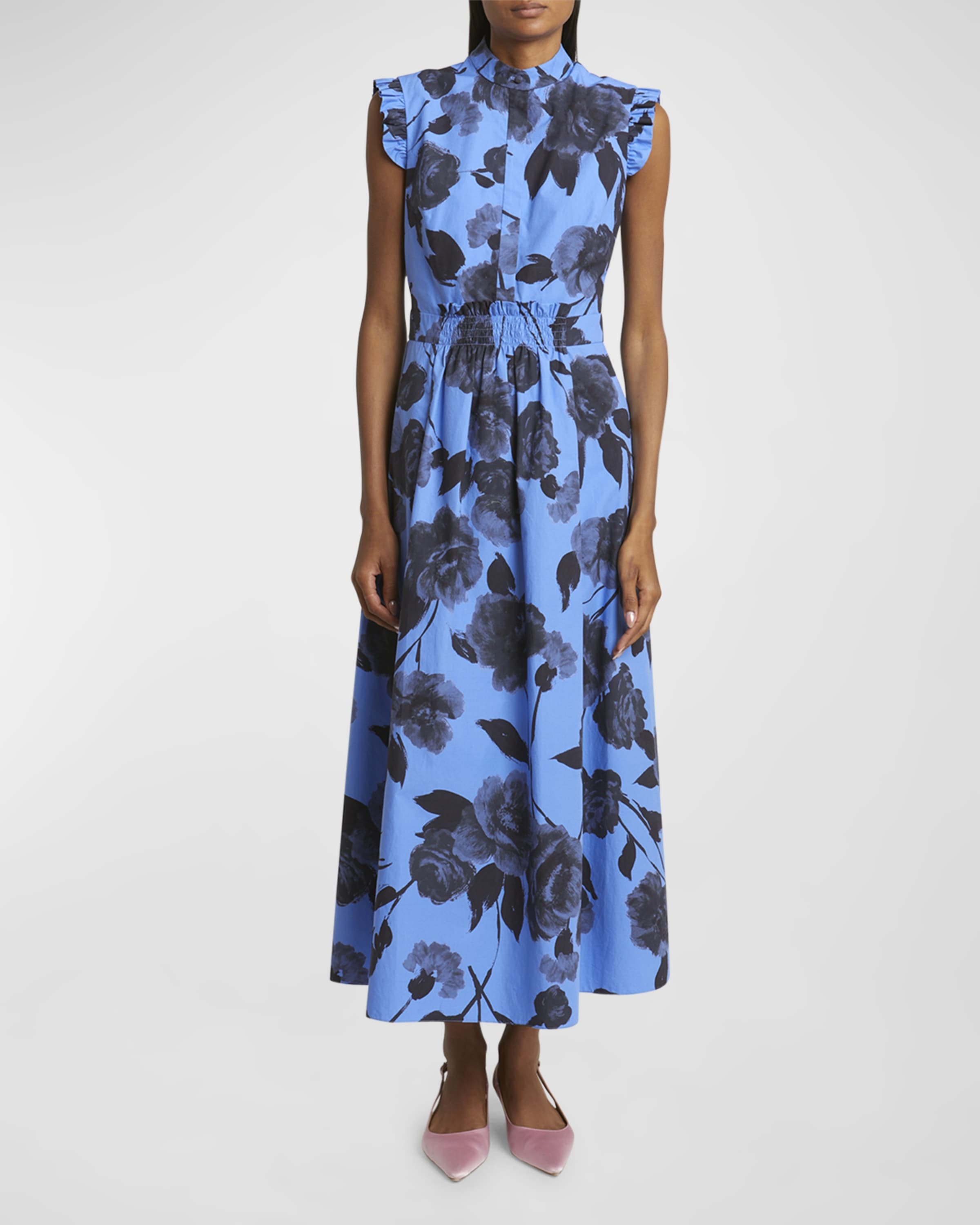 Sleeveless Floral Cotton Midi Dress With Full Skirt - 2
