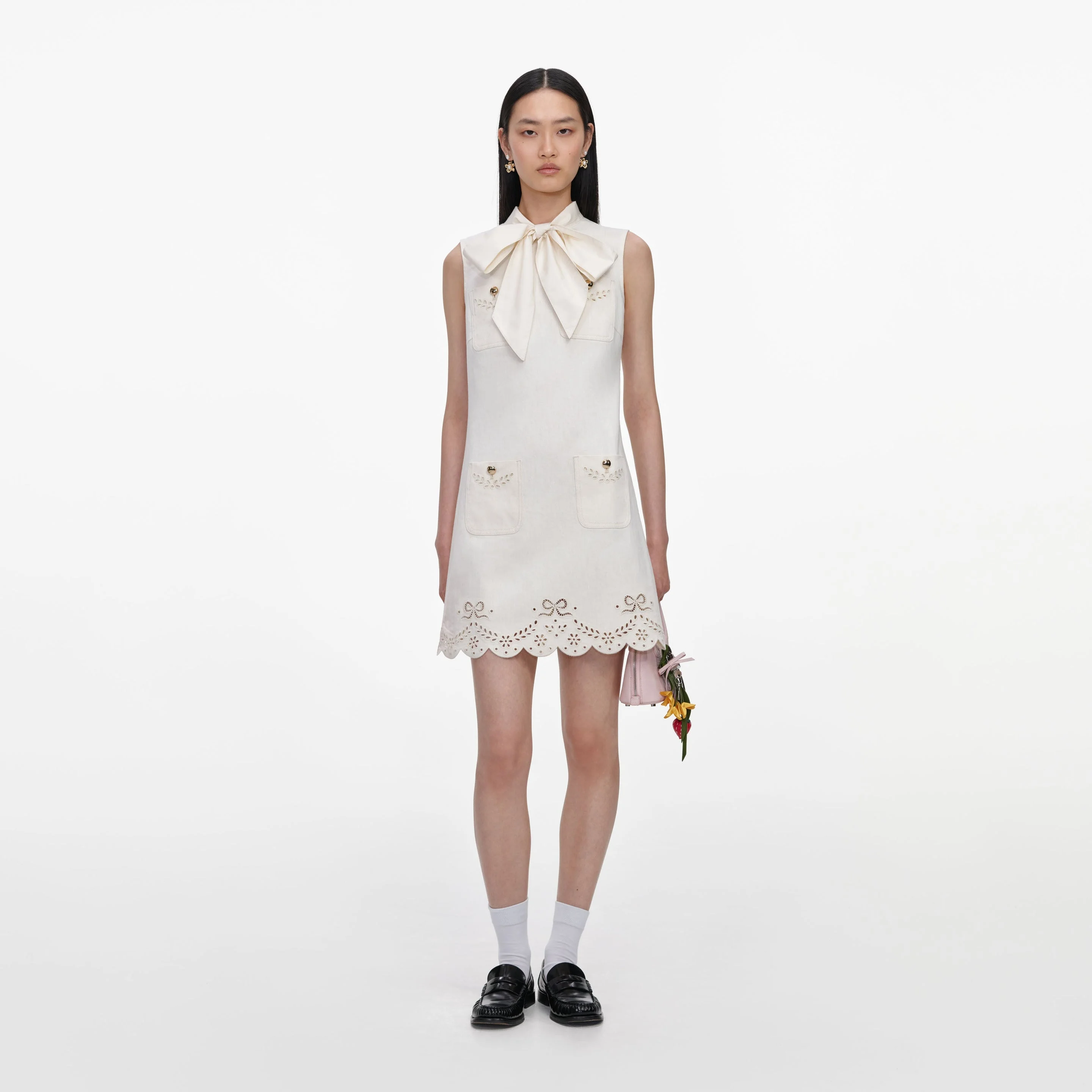 Cream Broderie Denim Mini Dress - 1