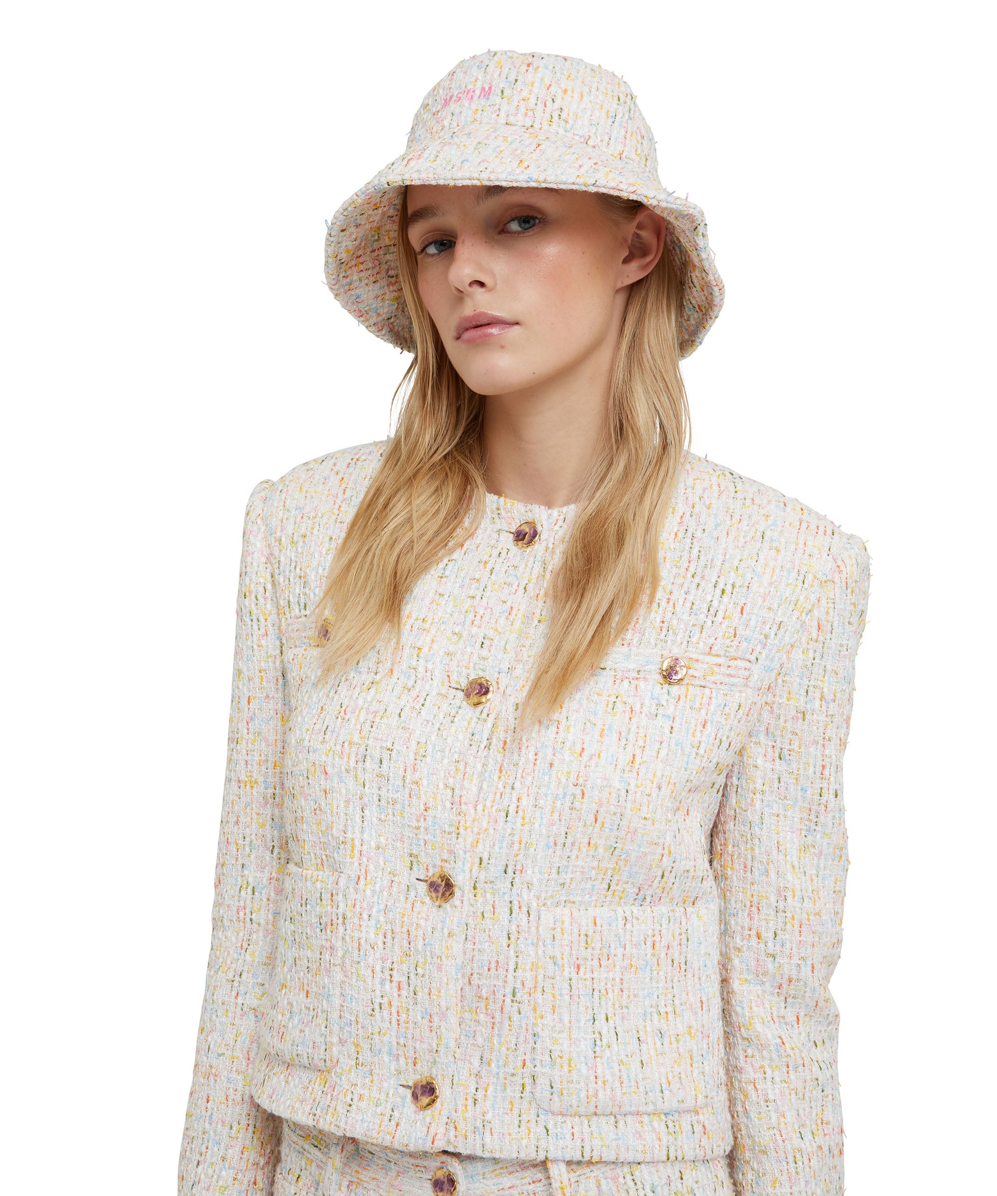 Multicolor tweed bucket hat with embroidered logo - 3