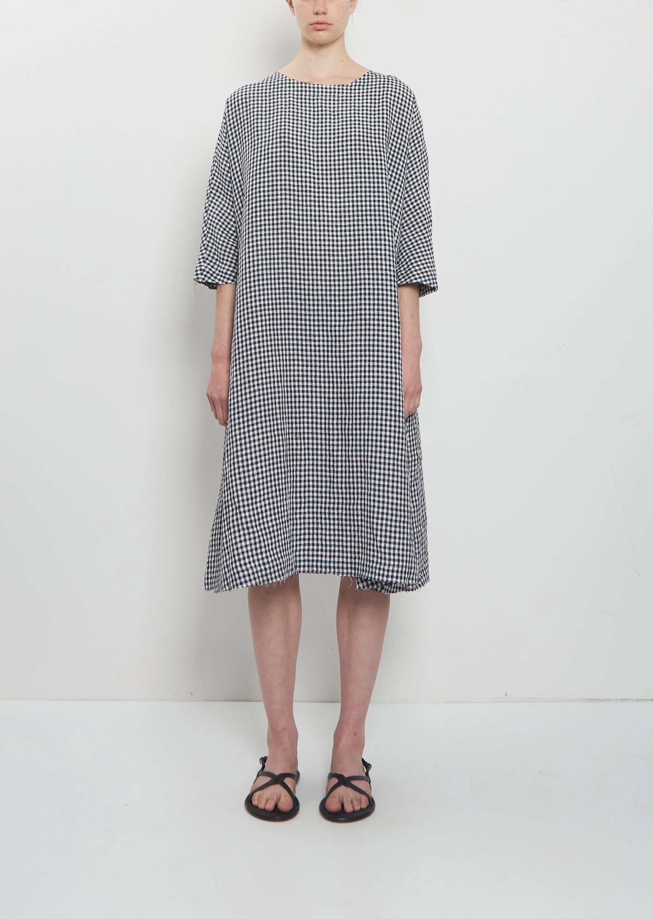 Crinkled Linen 3/4 Sleeve Tunic Dress — Vichy Check - 1