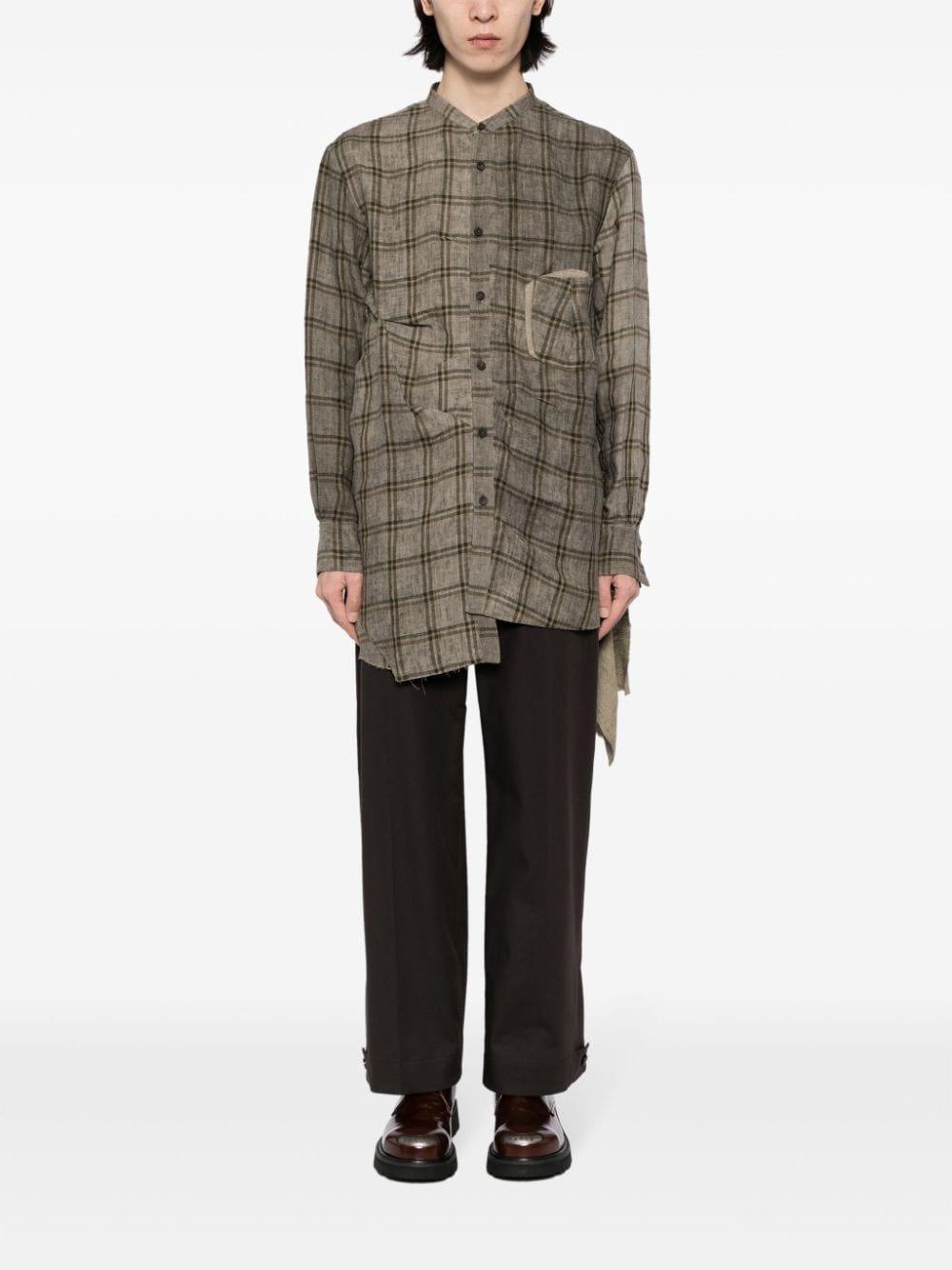 check-pattern panelled linen shirt - 2
