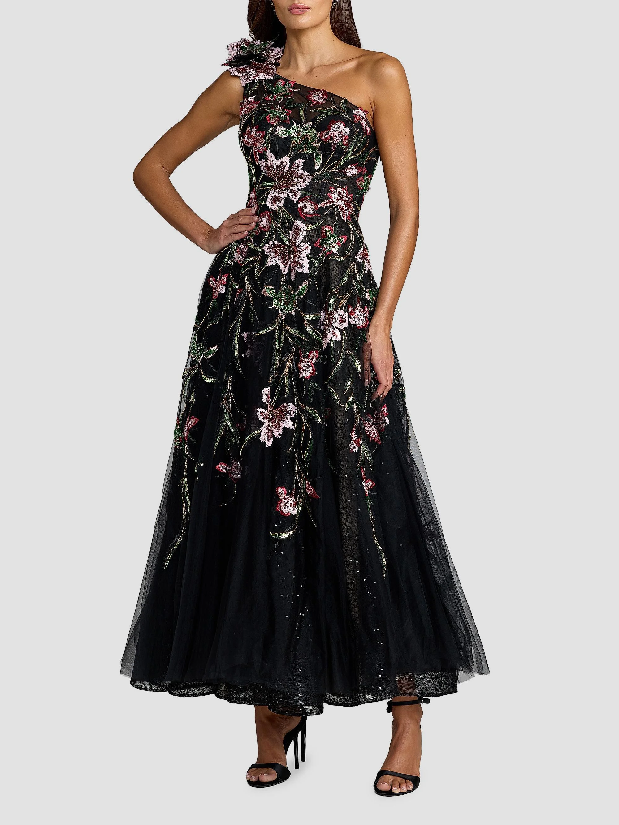Women's Beaded Floral-Embroidered One-Shoulder Cocktail Dress - Black Multi - 1