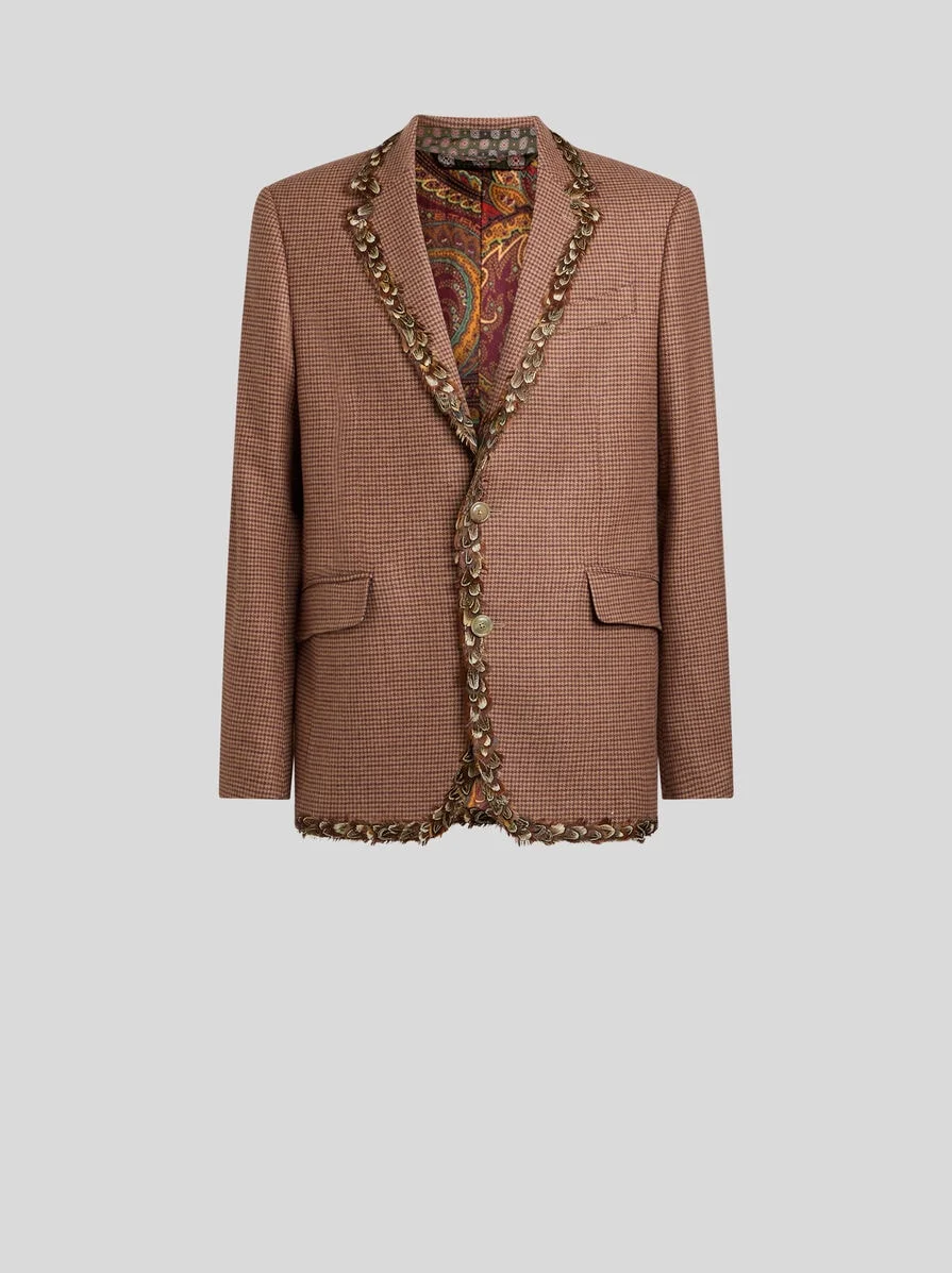 SINGLE-BREASTED WOOL AND CASHMERE JACKET WITH FEATHERS AND MICRO HOUNDSTOOTH MOTIF - 1