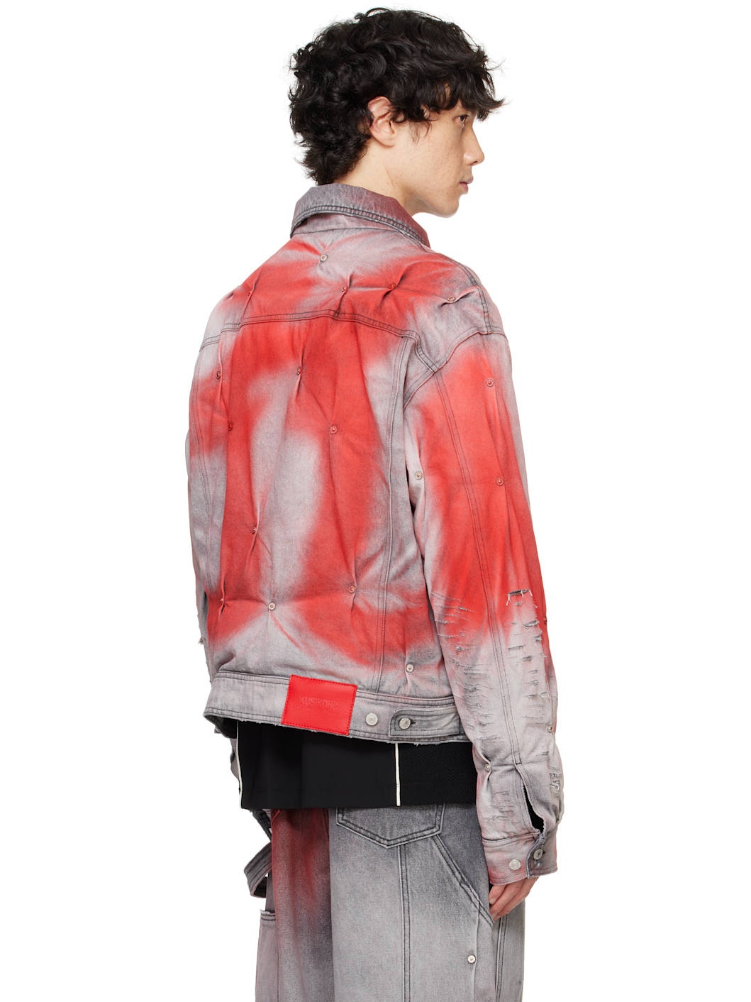 Gray & Red Padded Multi Rivet Denim Jacket - 3