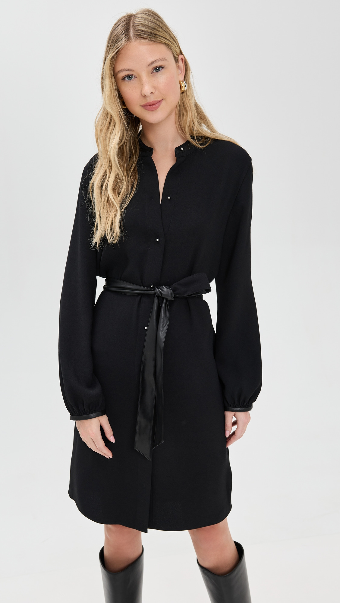 Shirt Dress with Faux Leather Trim - 4