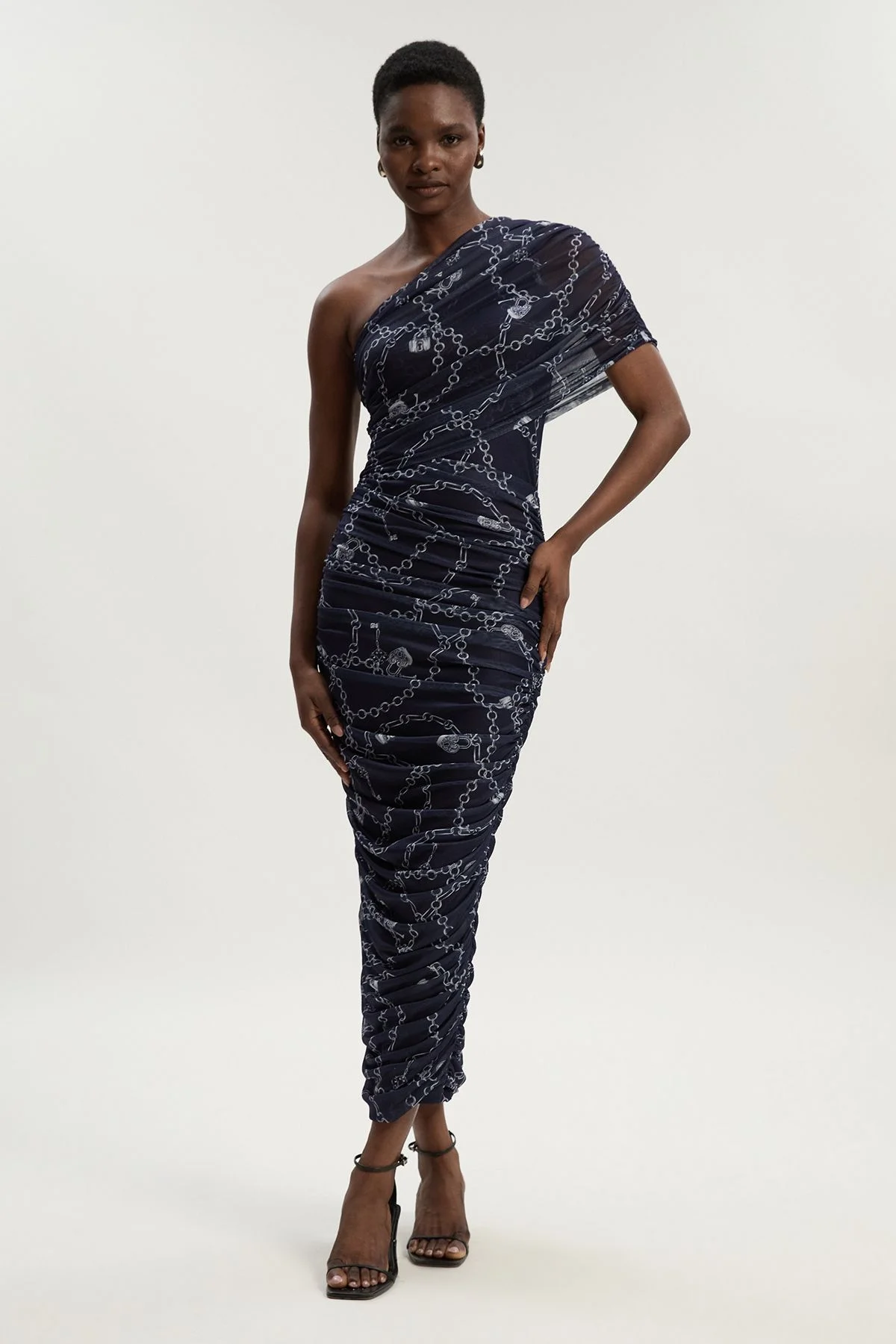 Petite Chain Print Mesh One Shoulder Midi Dress - 1