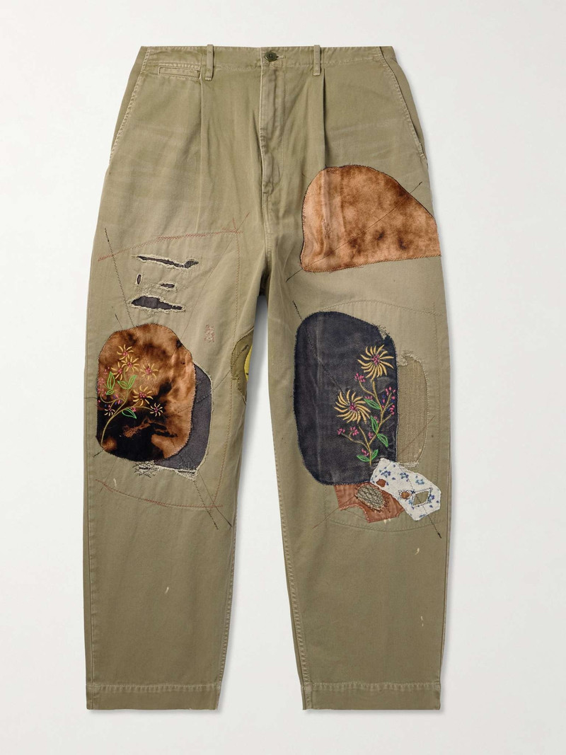 Katsuragi Tapered Appliquéd Distressed Cotton-Twill Trousers 1