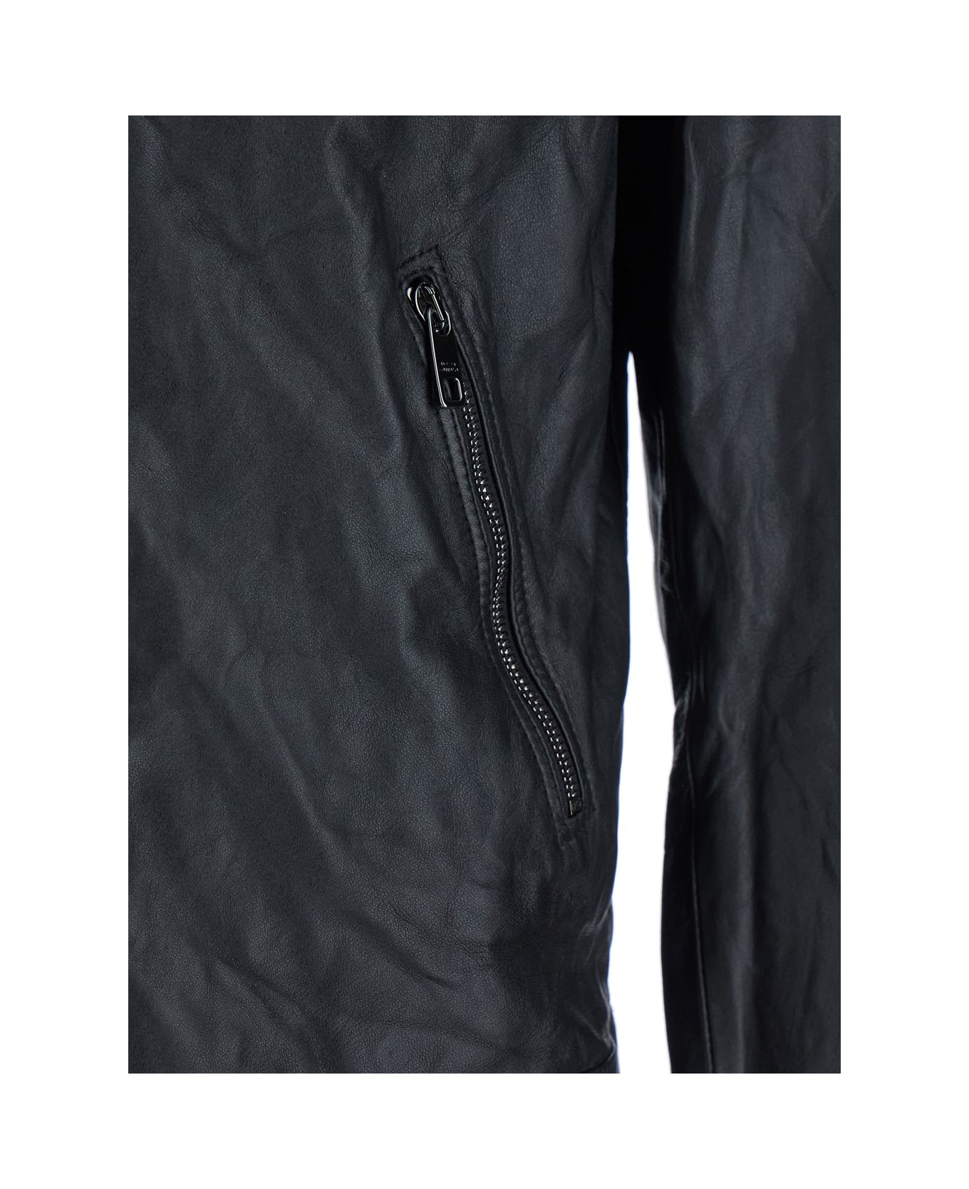 Black Crewneck Jacket With Two Front Welt Pockets With Zip In Leather Man - 3