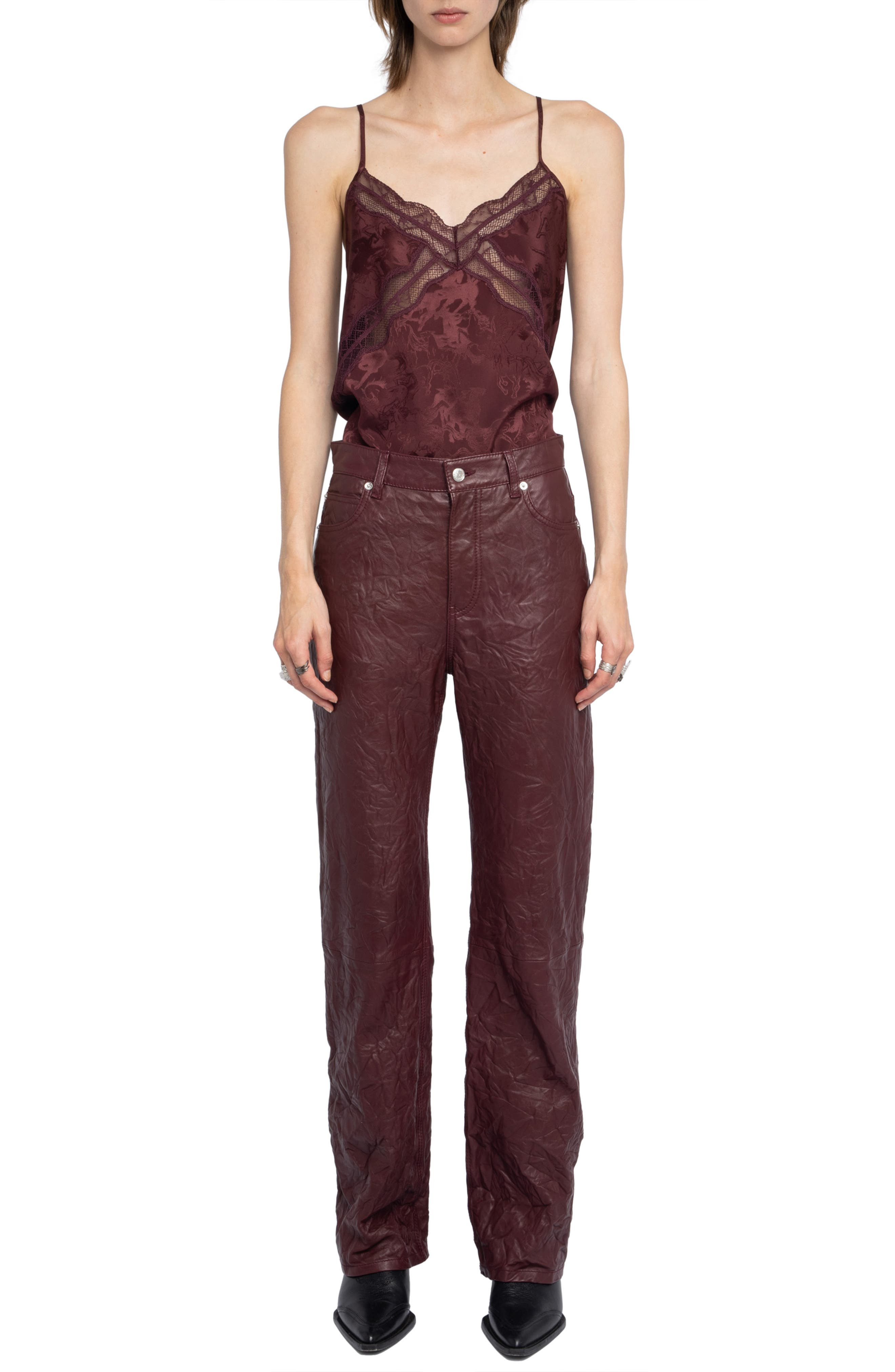 Zadig & Voltaire Evy Crushed Lambskin Leather Pants in Burgundy at Nordstrom - 7