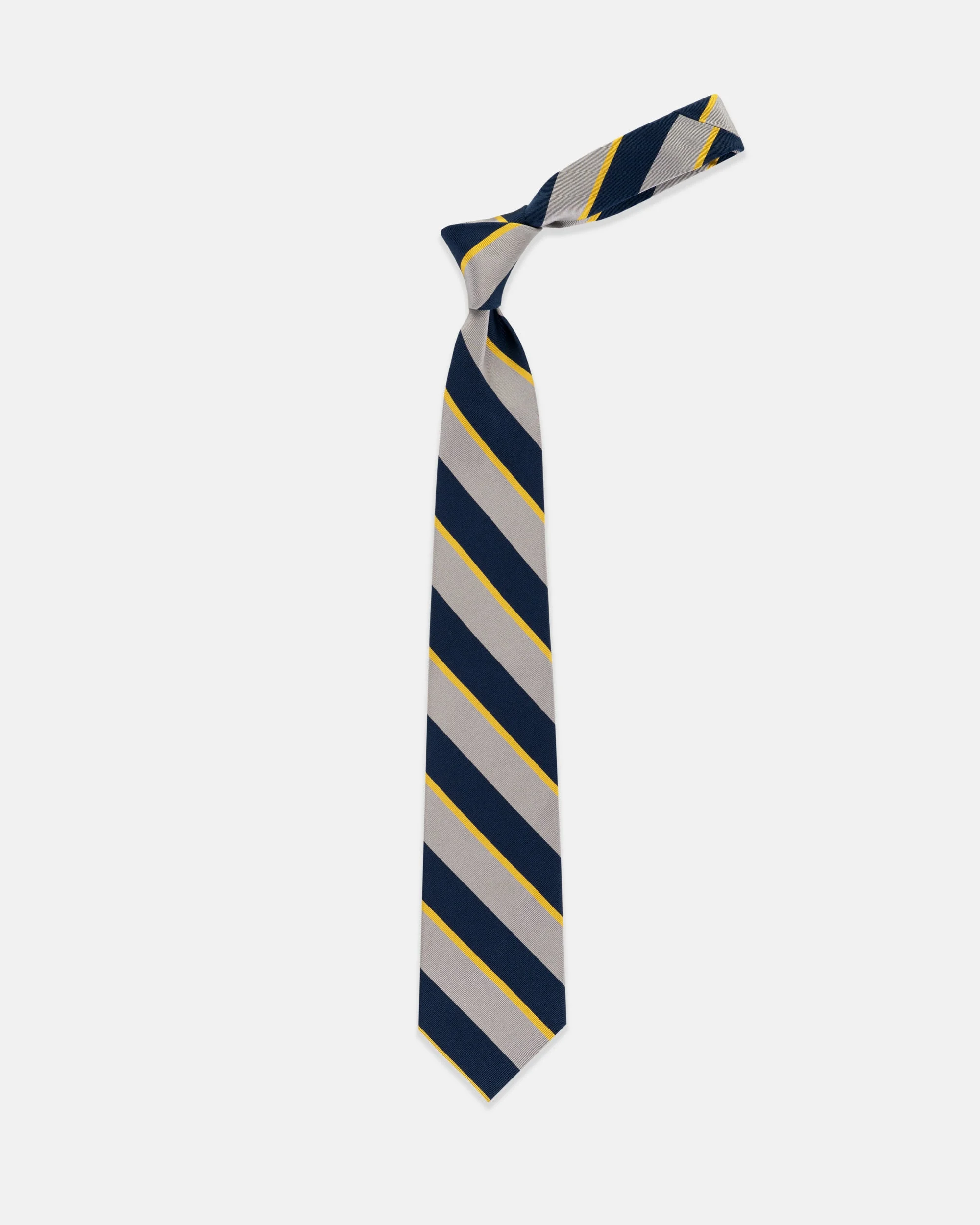MADE-IN-ENGLAND SILVER, NAVY & YELLOW STRIPE MOGADOR TIE - 1