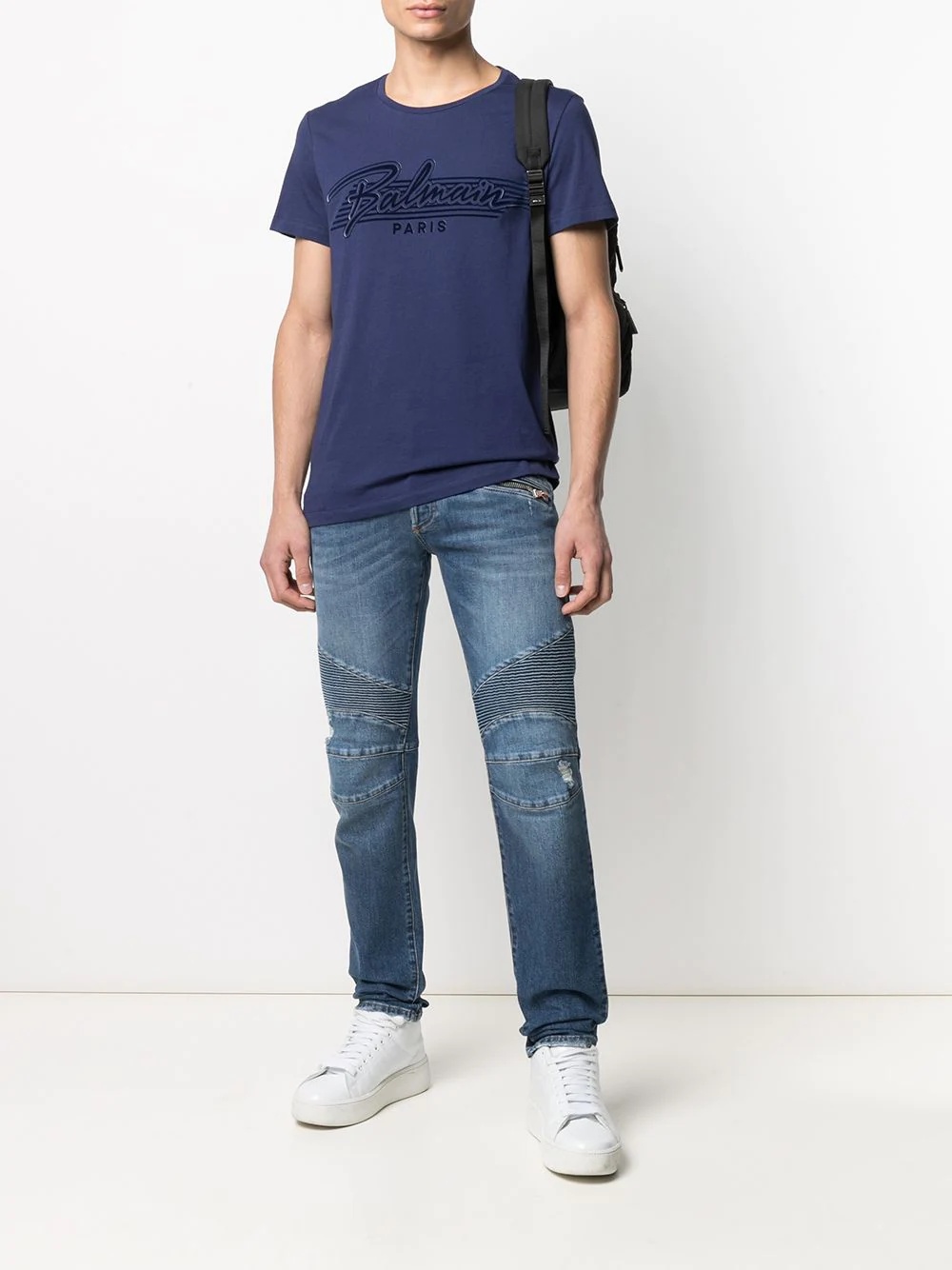 mid-wash ribbed tapered jeans - 2