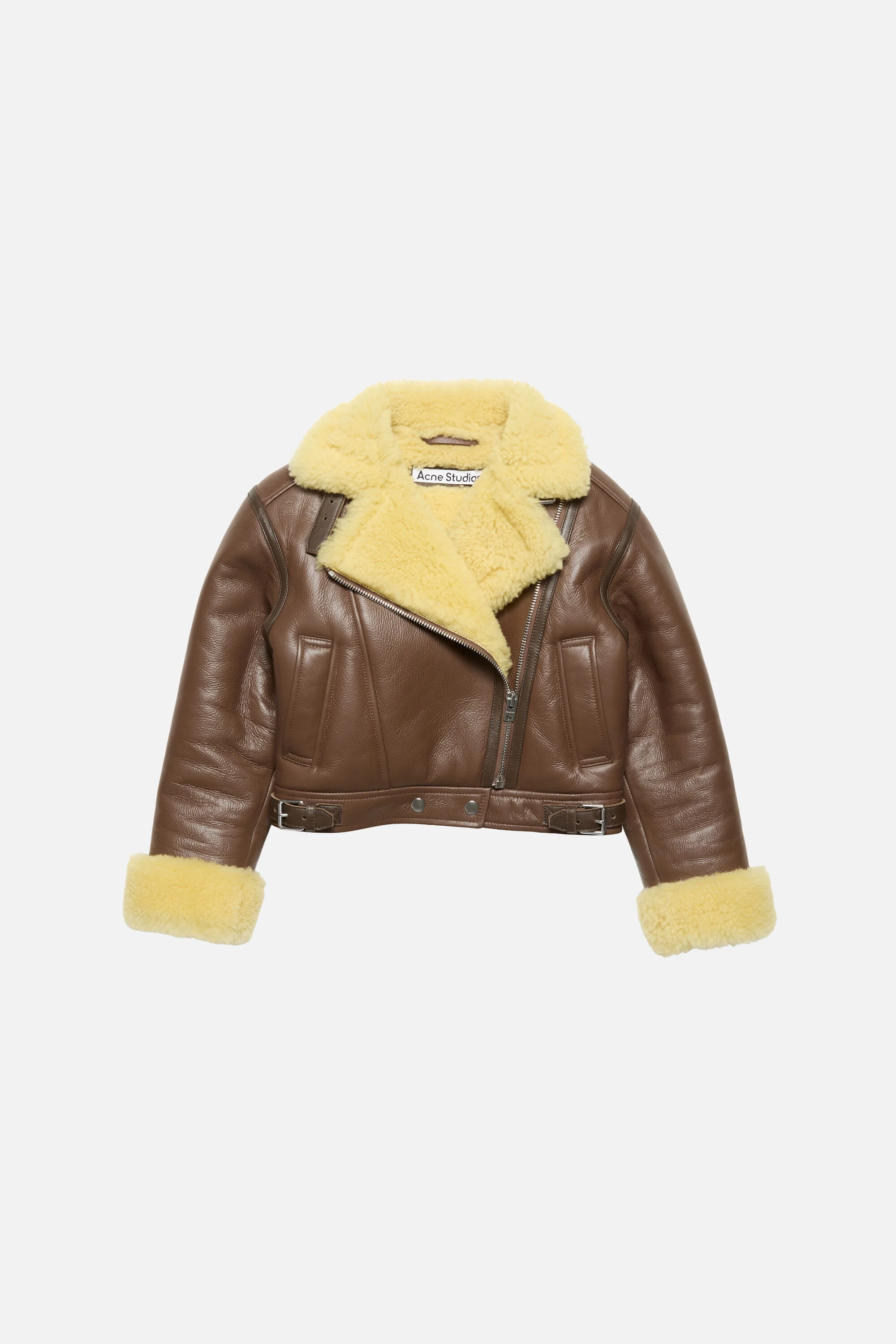 Shearling biker jacket - Mid brown/pale yellow - 1