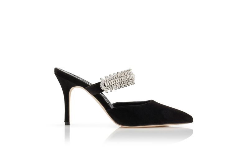 Black Velvet Crystal Embellished Mules - 1