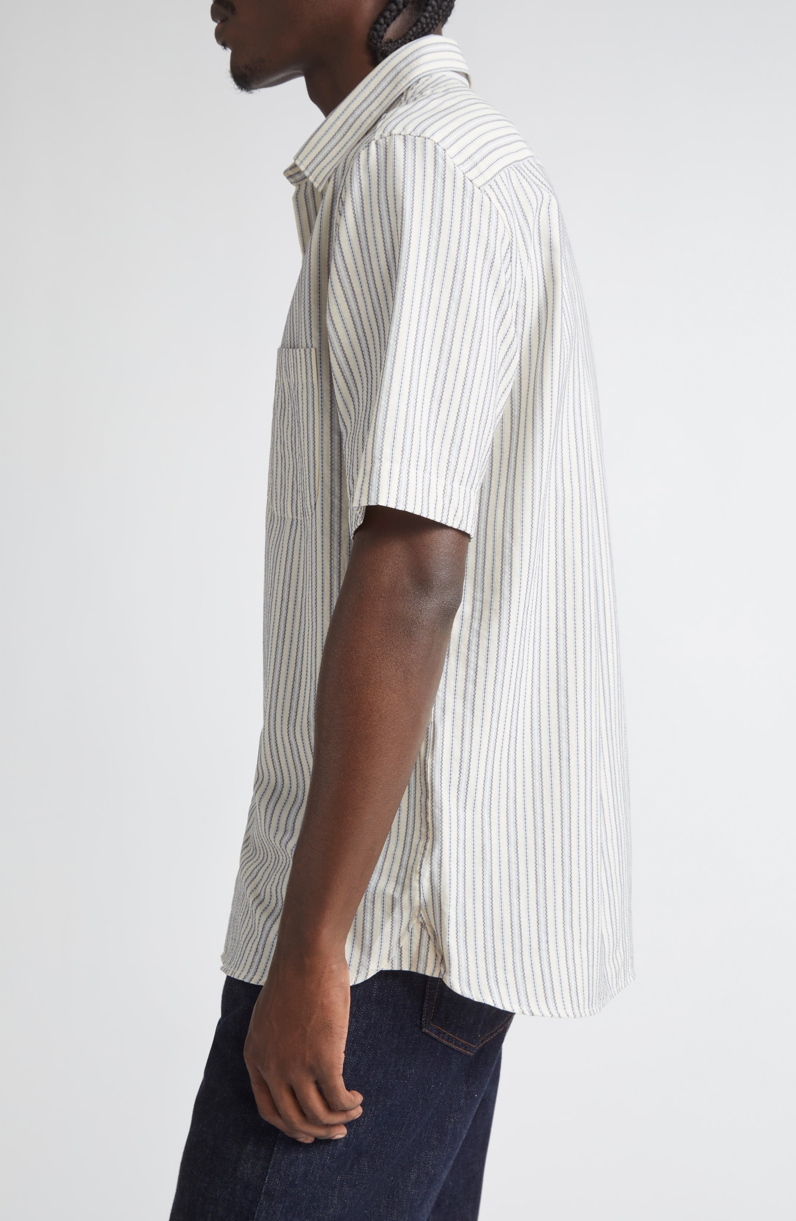 Sunspel Stripe Short Sleeve Button-Up Shirt in Soft Denim Multi Stripe at Nordstrom - 3