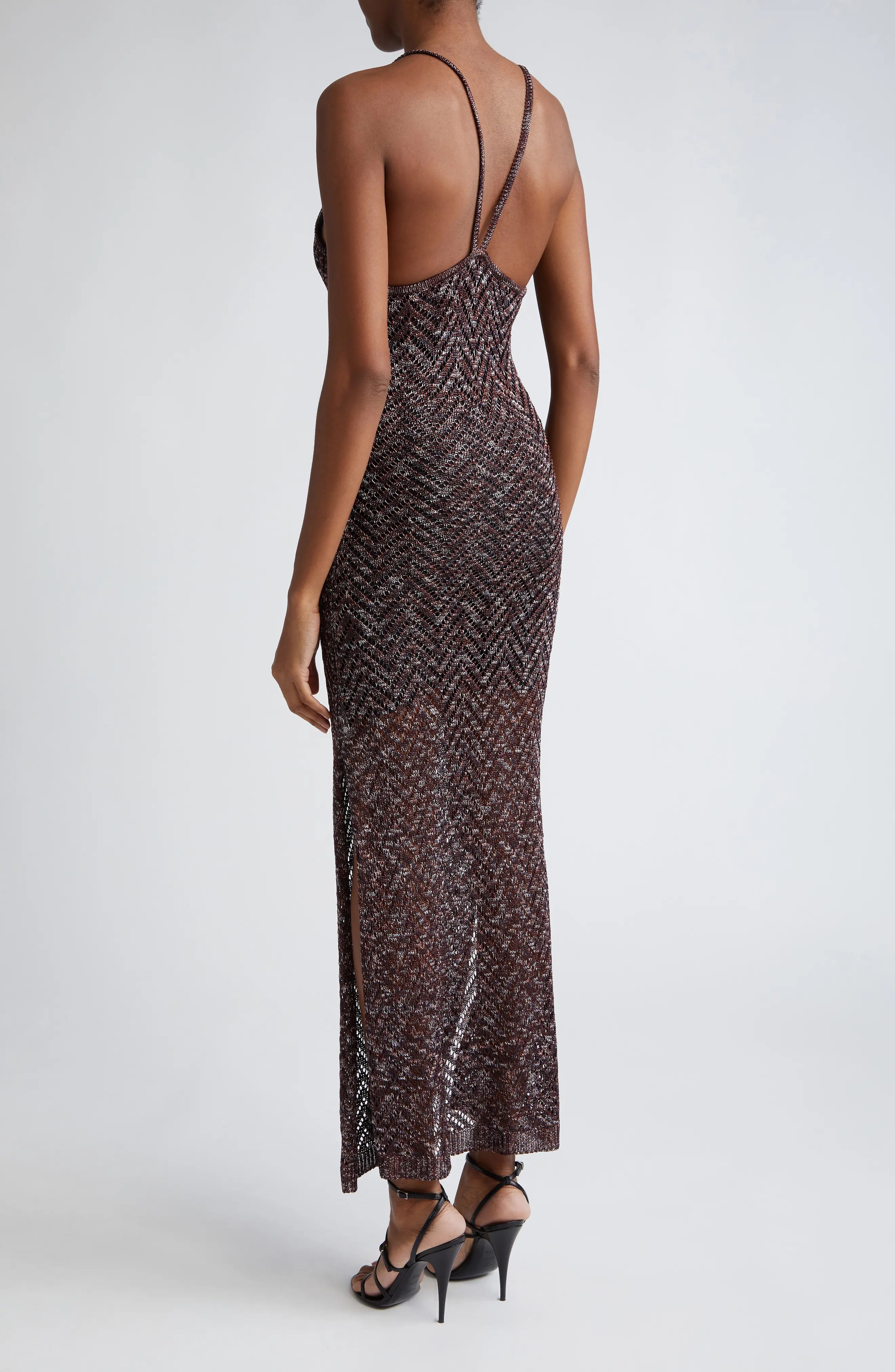 Scoop Neck Sleeveless Metallic Knit Chevron Maxi Dress - 2