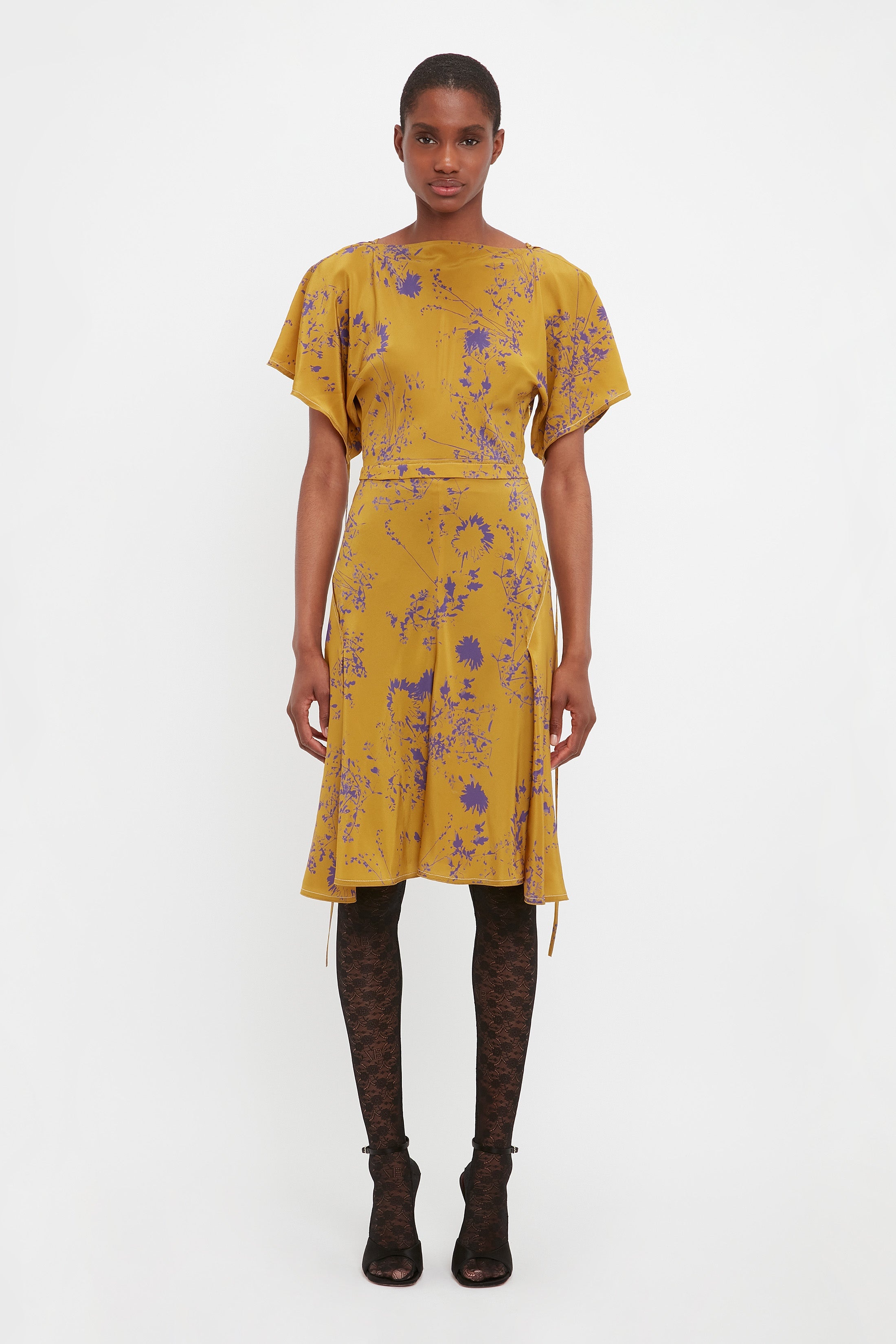 Draped Sleeve Cut Out Mini Dress In Yellow Ochre - 3