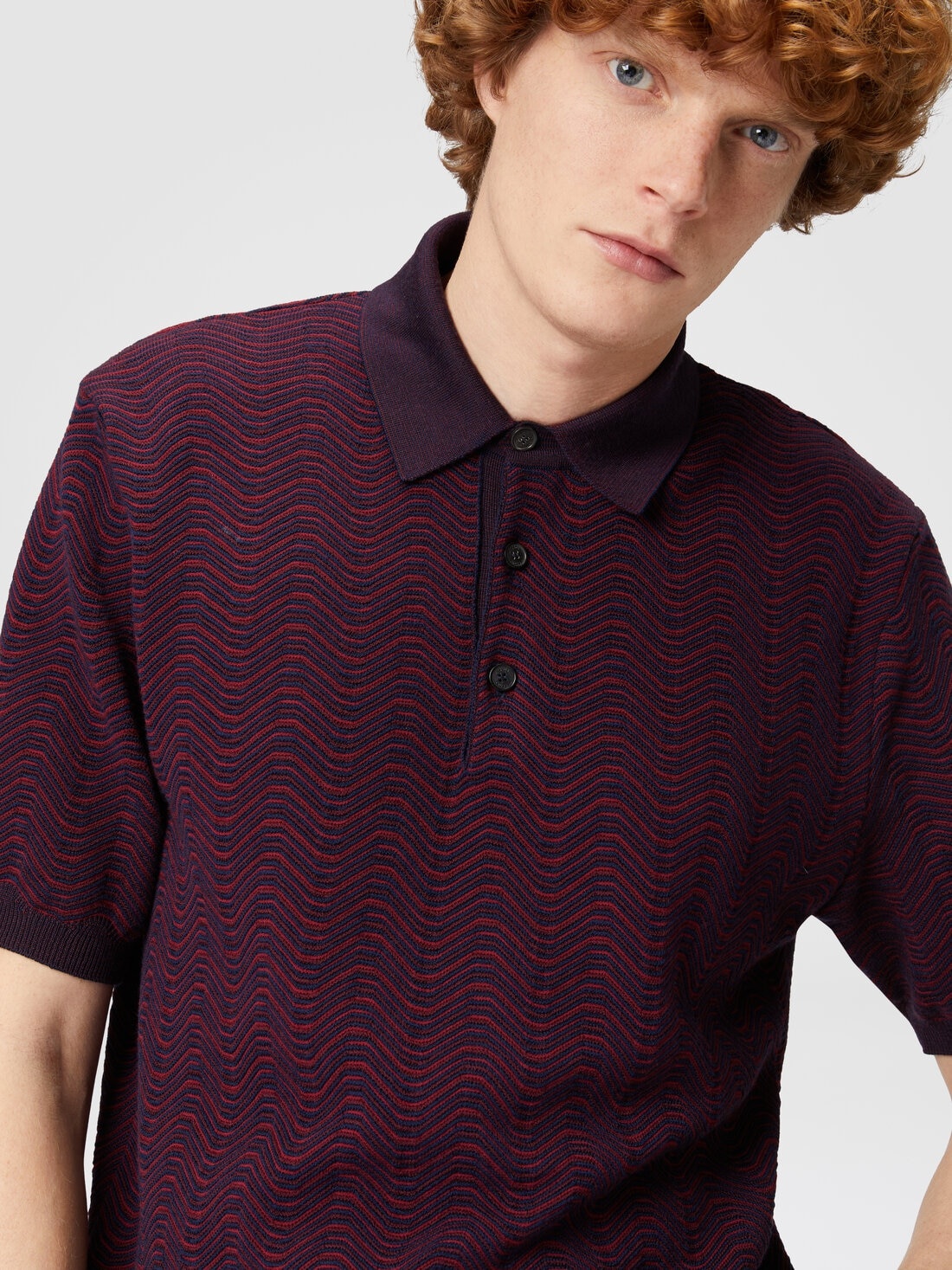 Virgin wool and viscose polo shirt with wave motif - 5