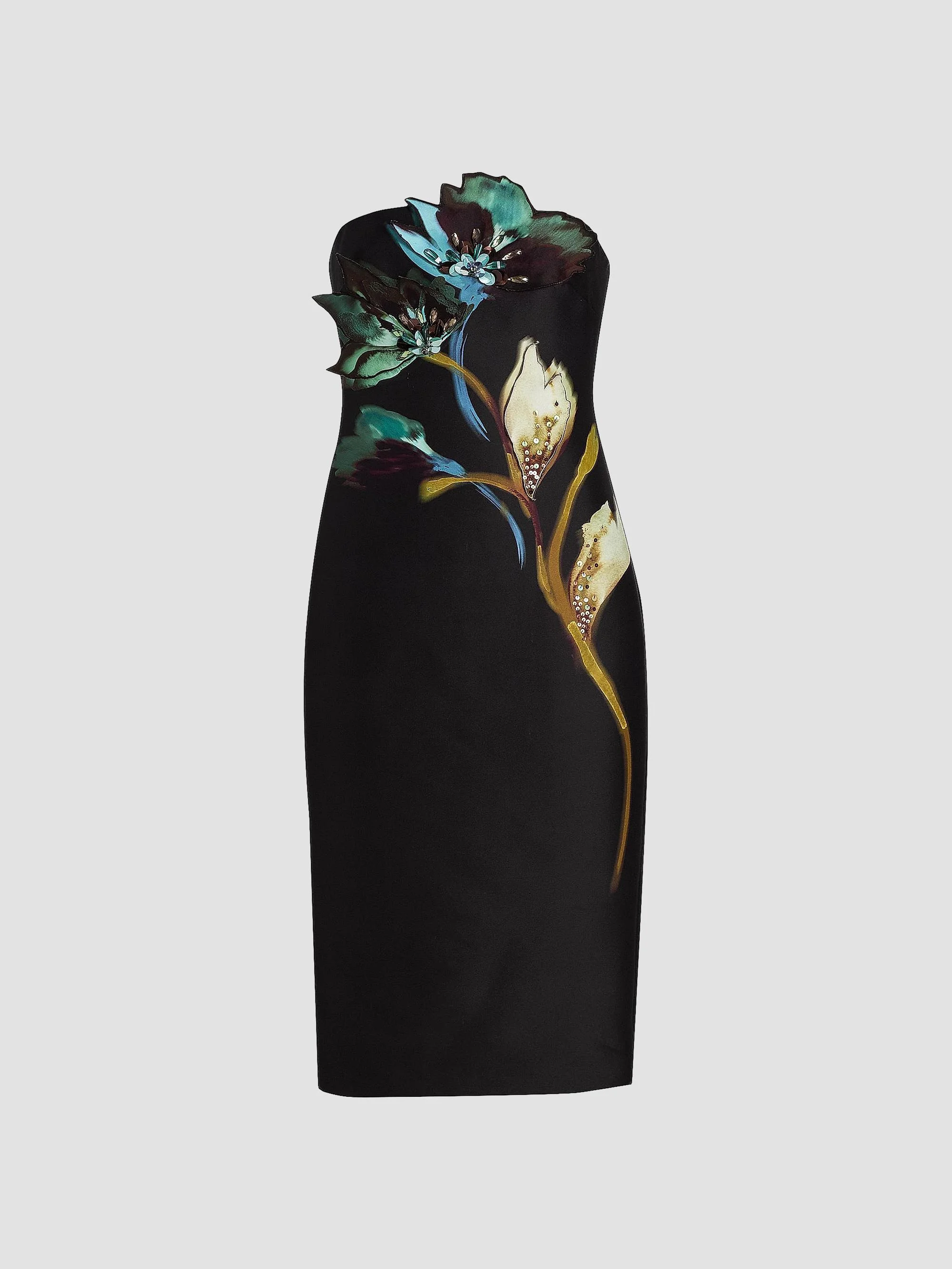 Women's Floral Placement Strapless Midi-Dress - Black Multi - 1