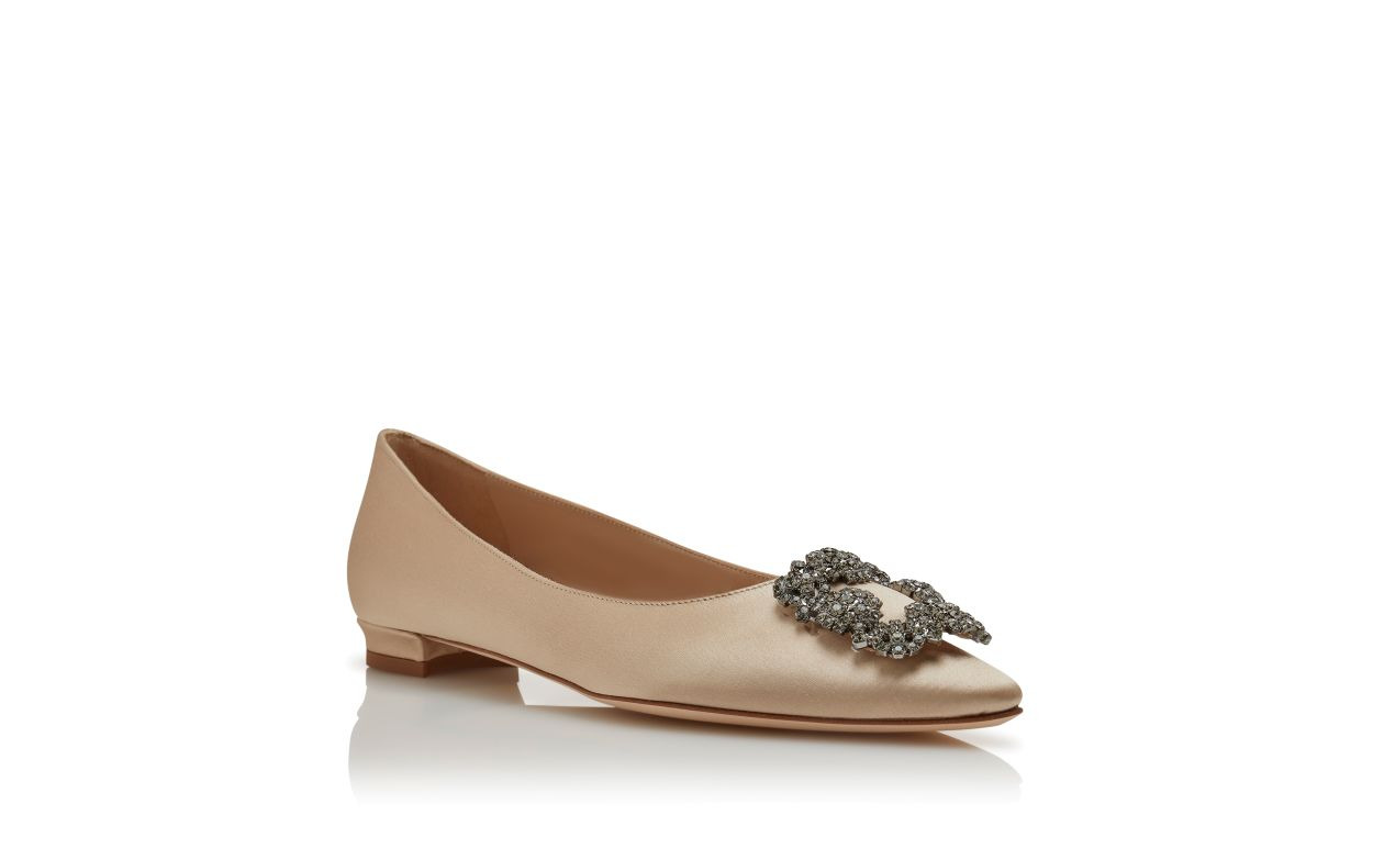 Champagne Satin Jewel Buckle Flat Shoes - 3