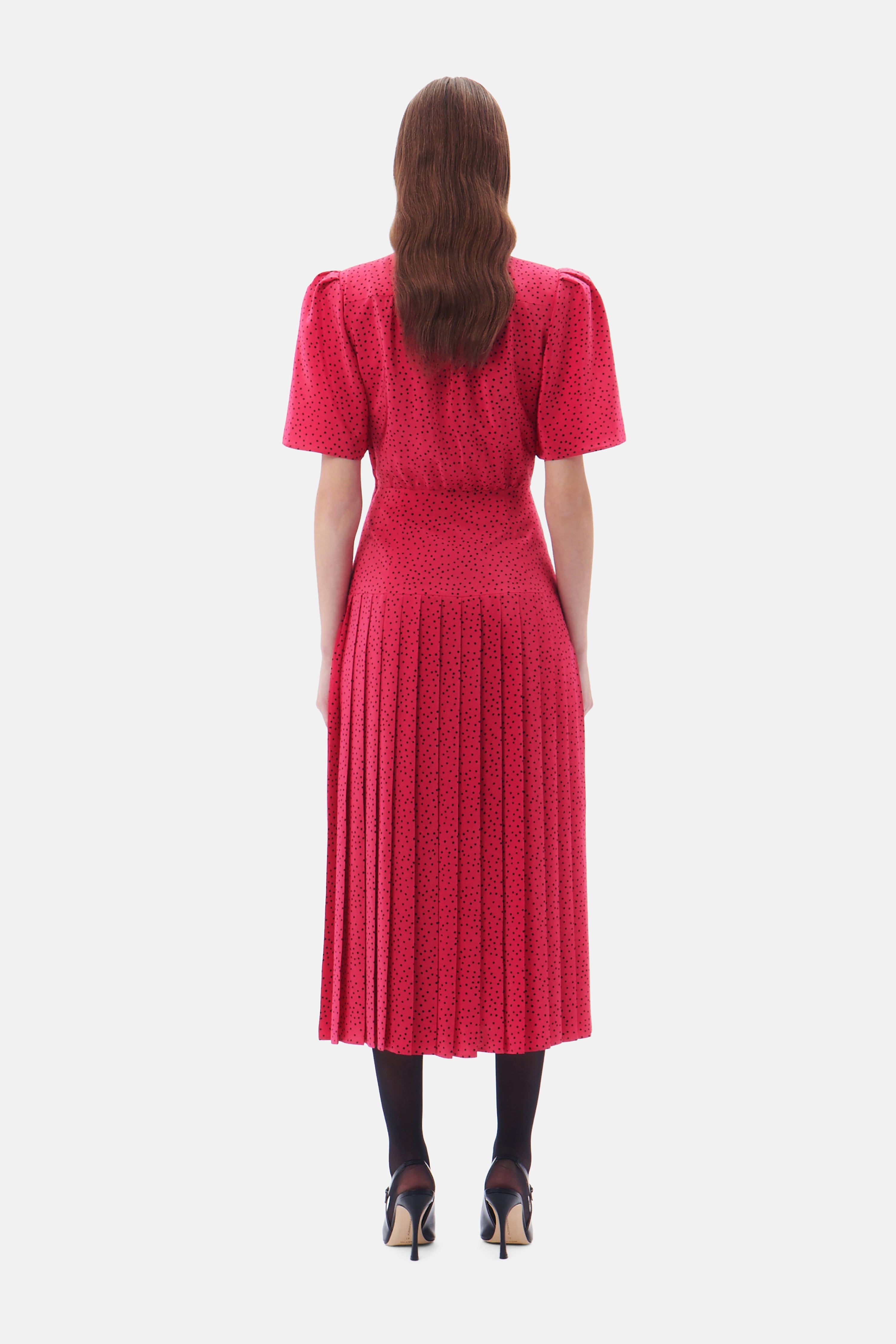 POLKA DOT SILK PLEATED DRESS WITH BOW - 5