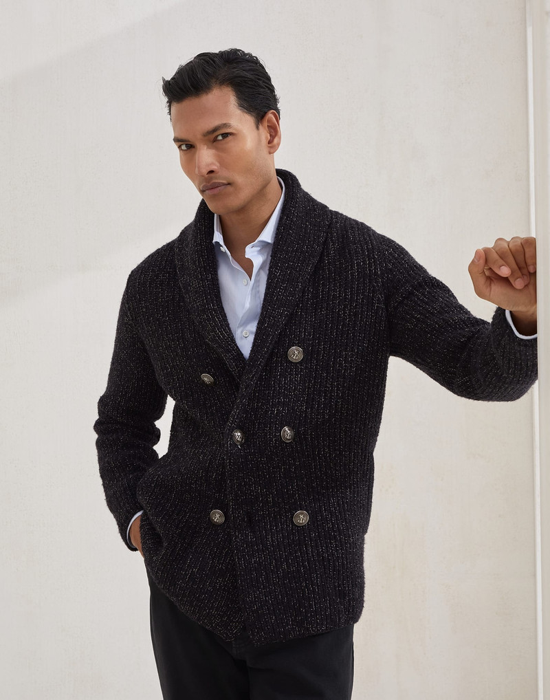 Mouliné virgin wool, silk and cashmere half English rib one-and-a-half breasted cardigan with metal - 1