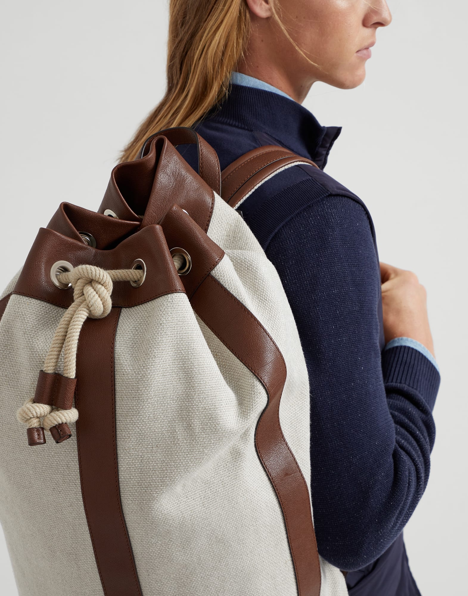 Water-resistant canvas and buffalo leather drawstring backpack - 4