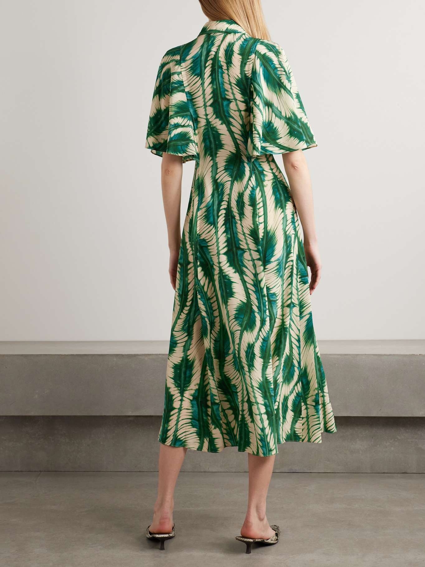 Silhouette printed silk crepe de chine midi shirt dress Green - 3
