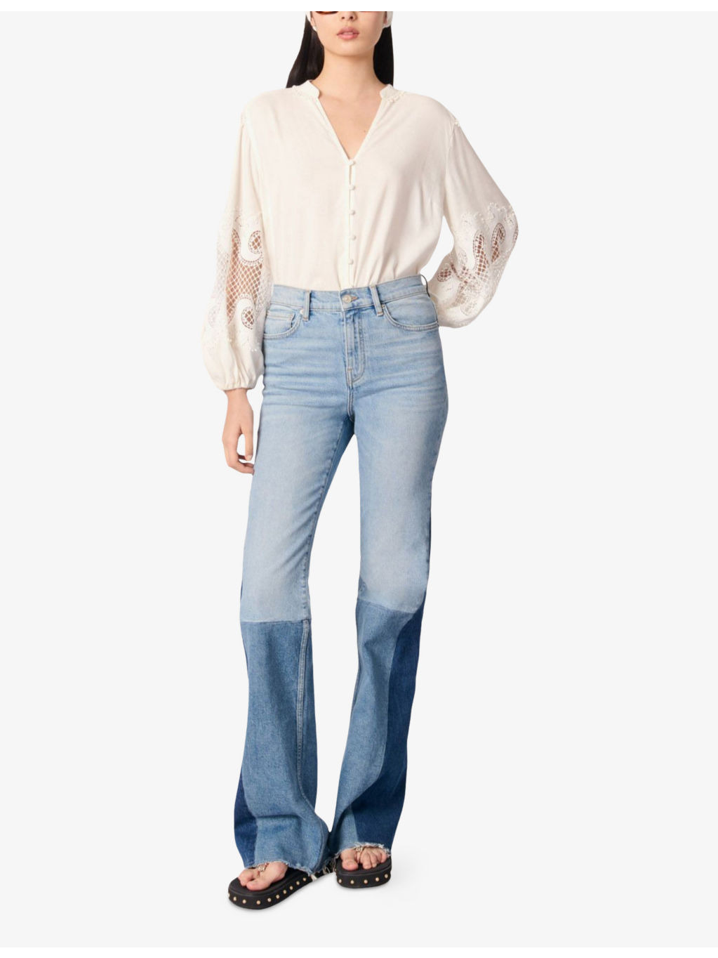 V-Neck Lace-Insert Linen Blouse - 2
