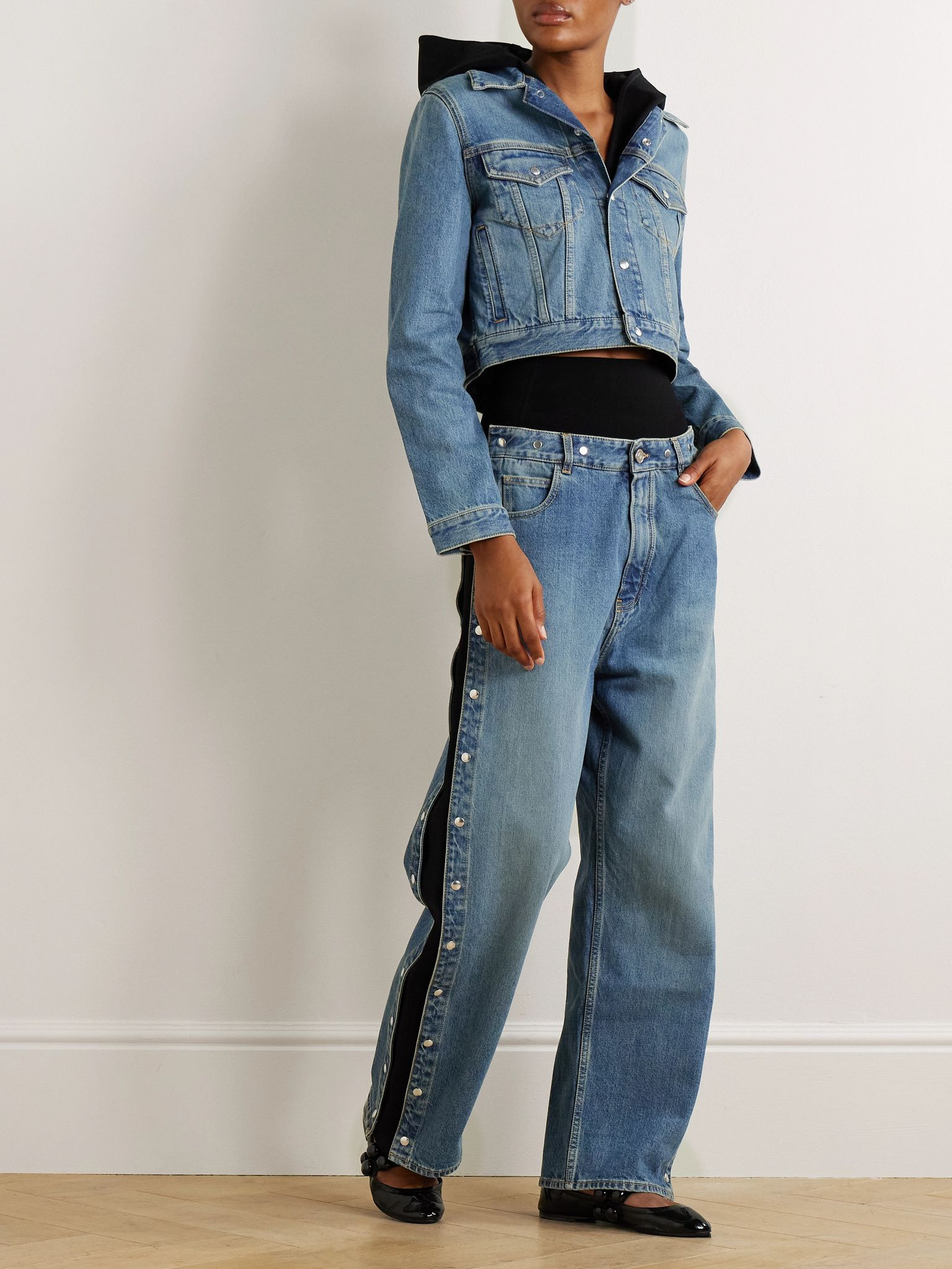 Studded jersey-trimmed high-rise wide-leg jeans Blue - 2