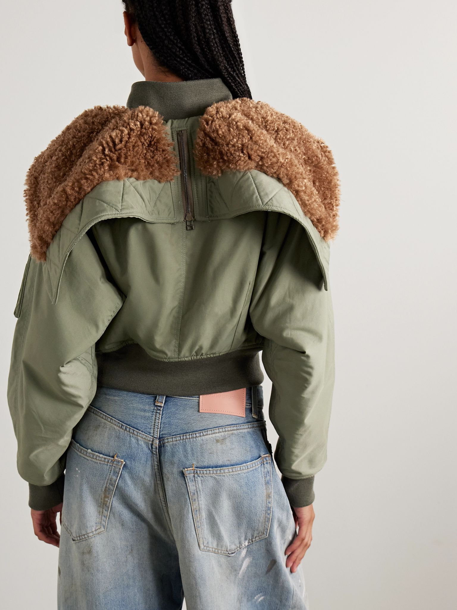 Cropped fleece-trimmed padded cotton-blend shell bomber jacket Sage green - 4