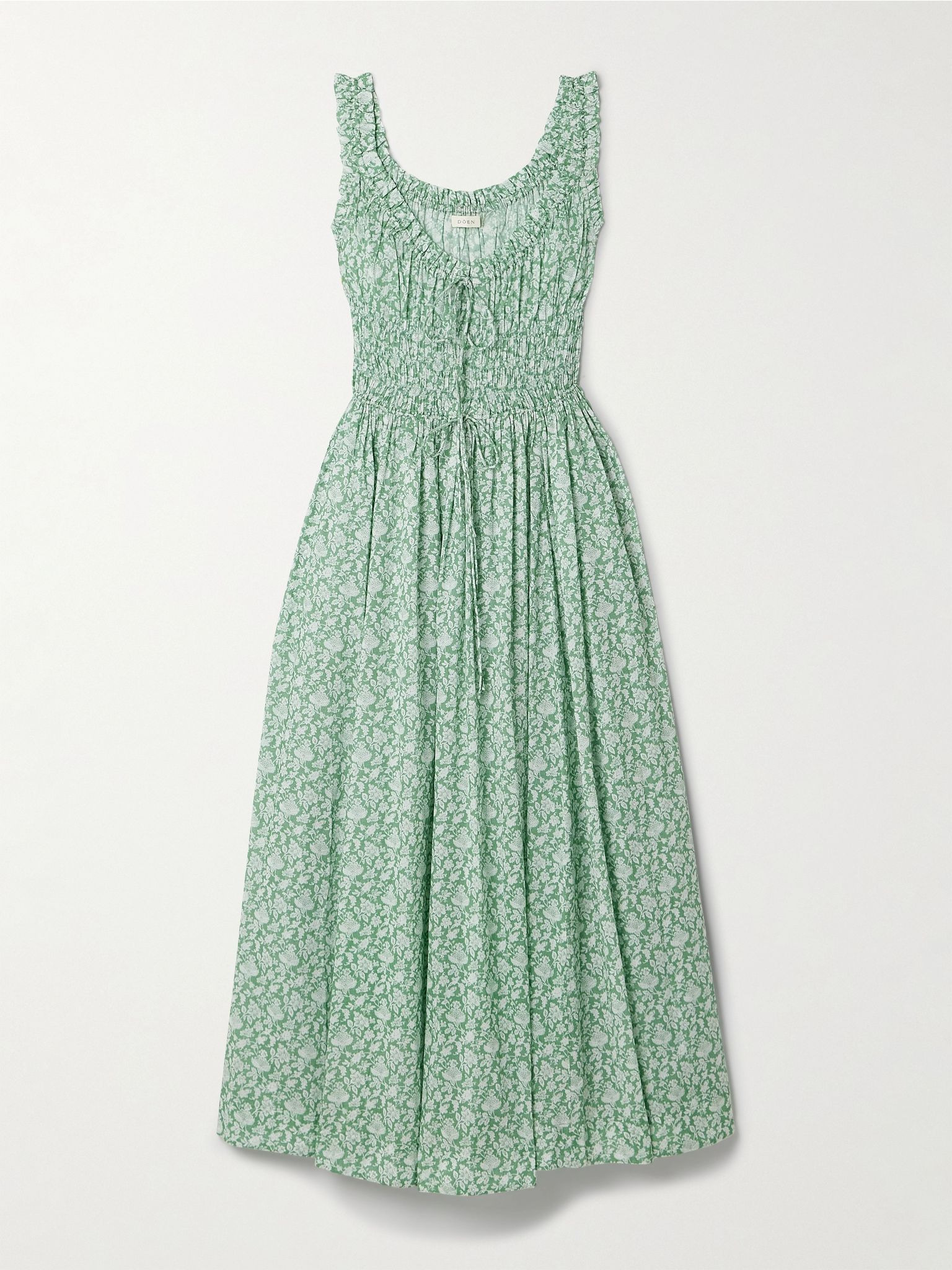 Emmaretta tie-detailed shirred floral-print organic cotton-voile midi dress Green - 1