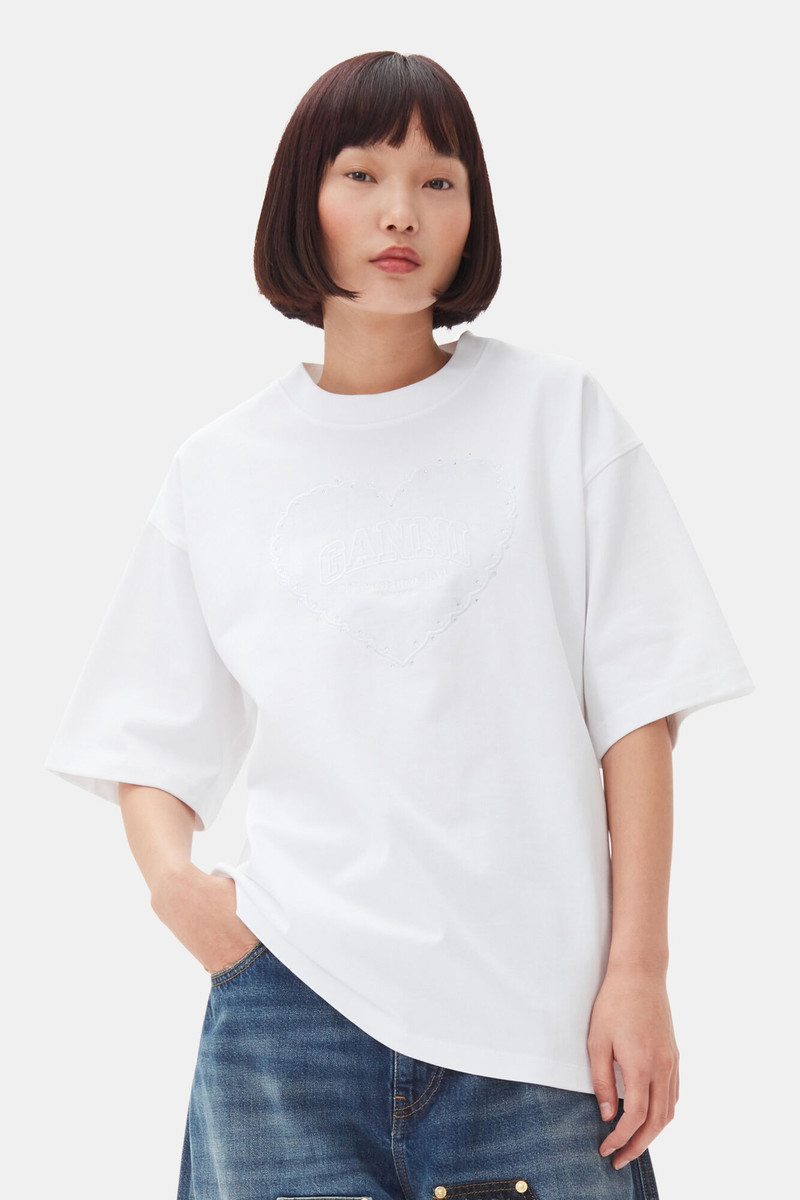 GANNI WHITE HEAVY COTTON DROP SHOULDER HEART T-SHIRT outlook