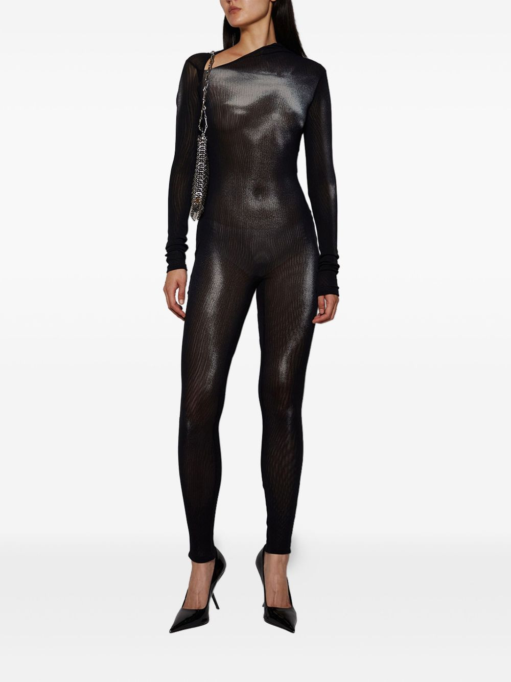 asymmetric-collar mesh jumpsuit - 2