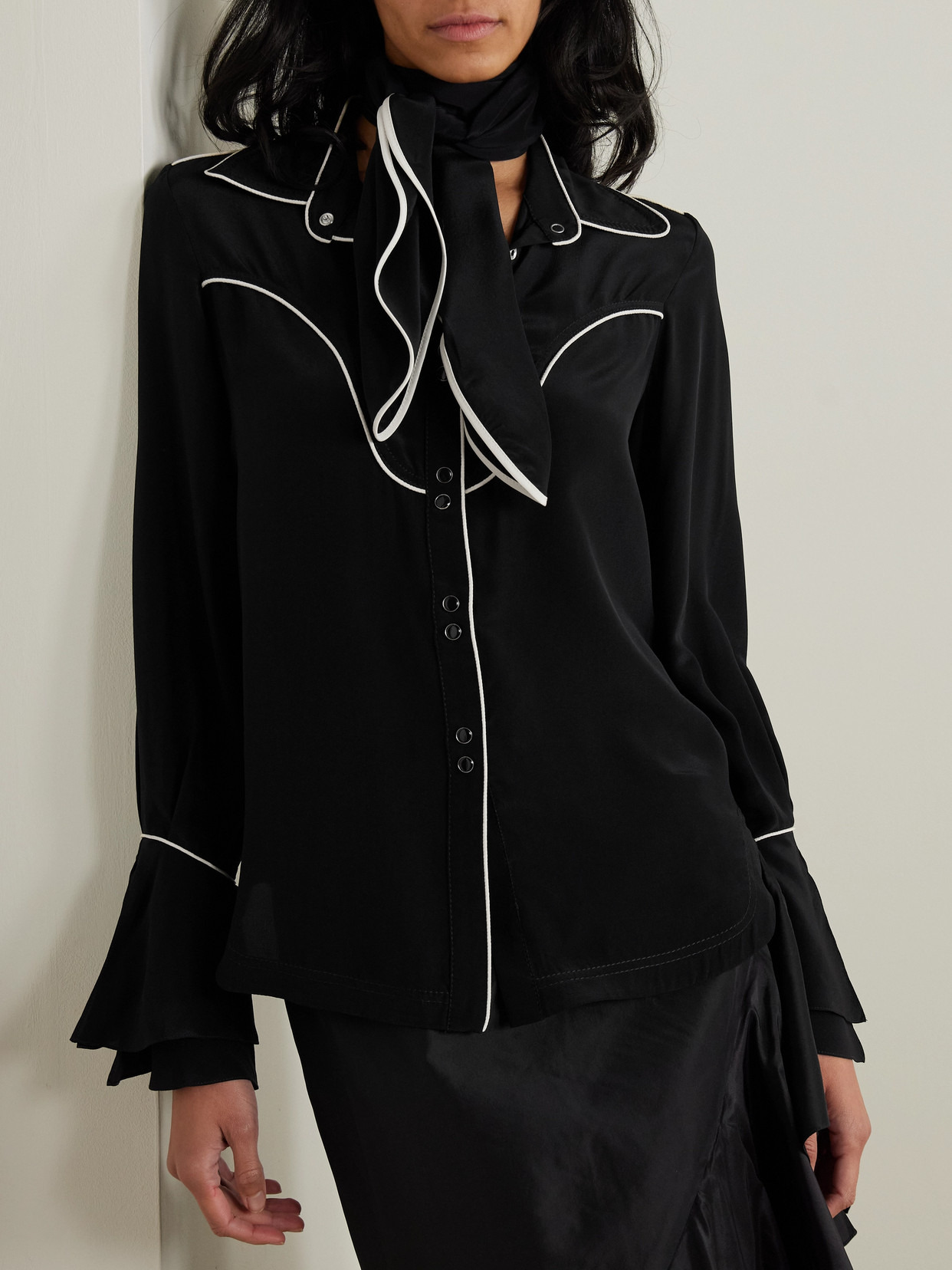 High Tides Scarf-detailed Piped Silk Shirt - 4